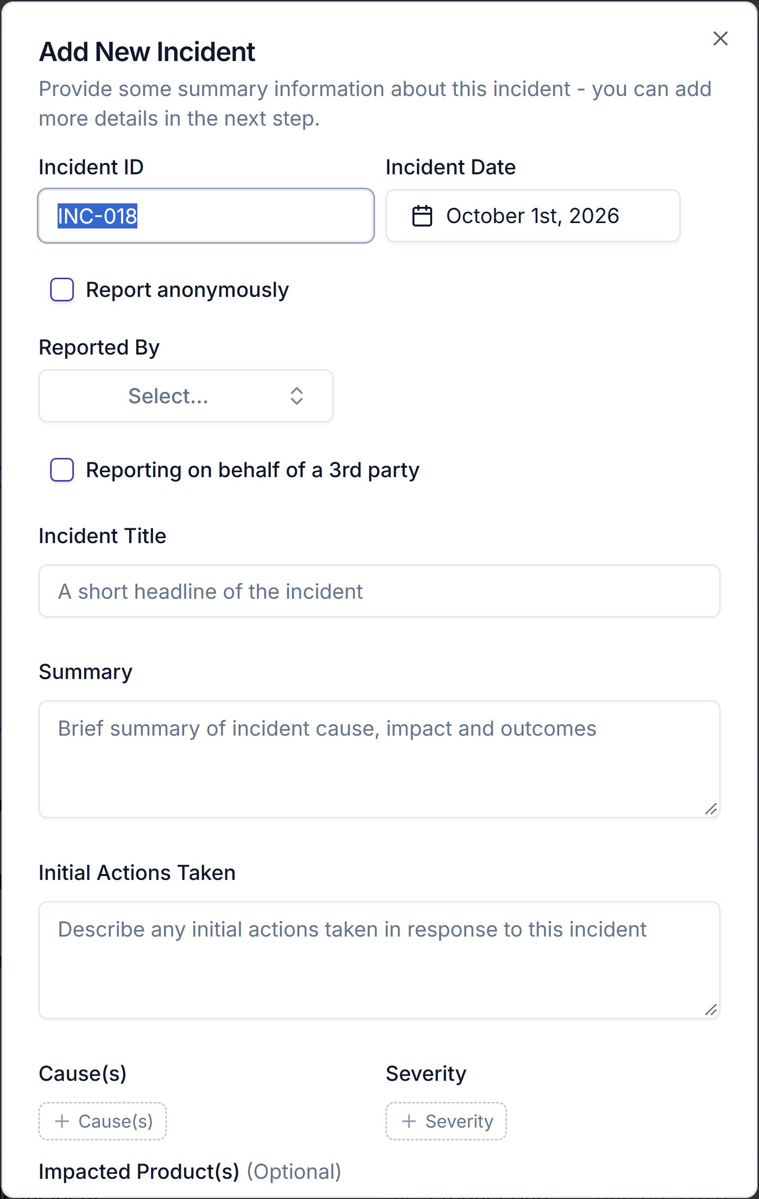 The Add New Incident dialog showing Incident ID, Incident Date, Reported By, Incident Title, Summary, Initial Actions Taken, Cause(s) and Severity