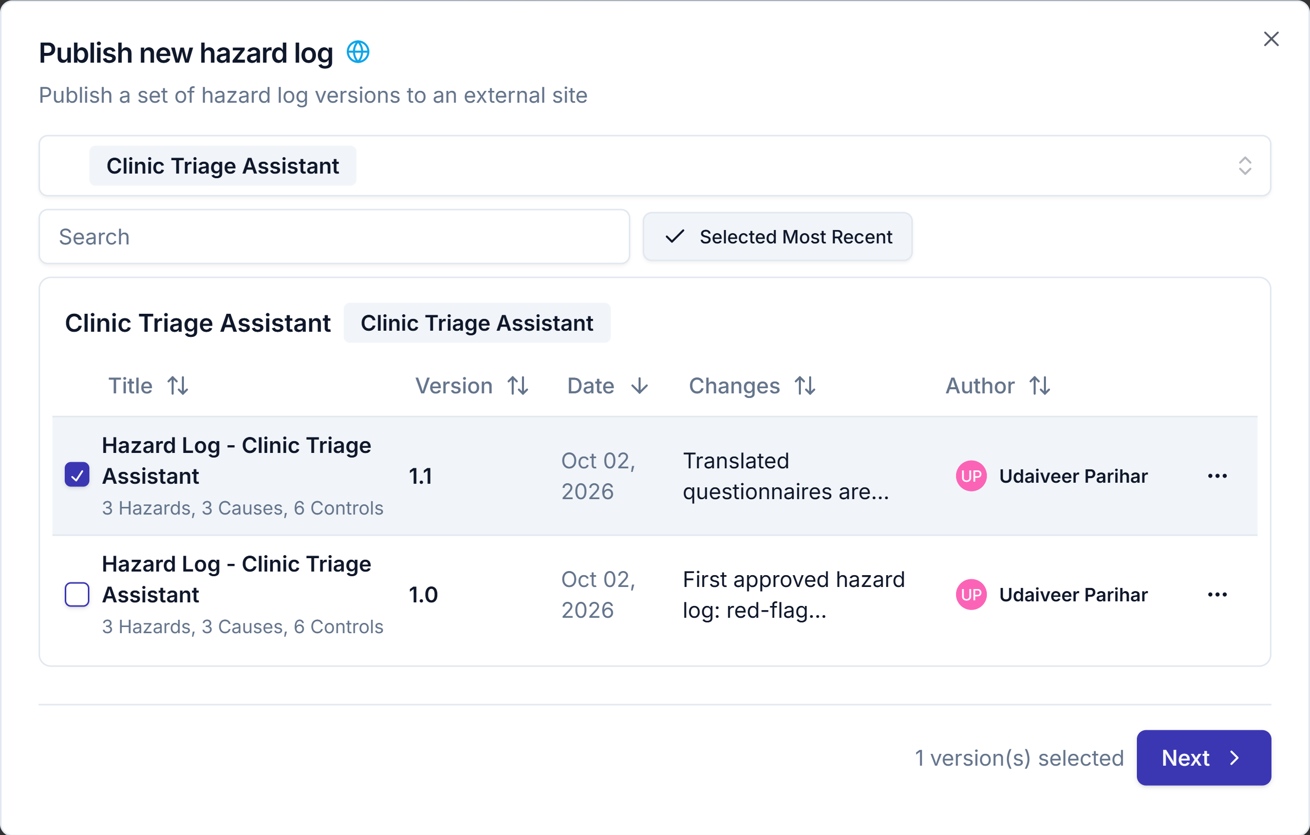 The Publish new hazard log dialog with the Clinic Triage Assistant version table and its latest version ticked