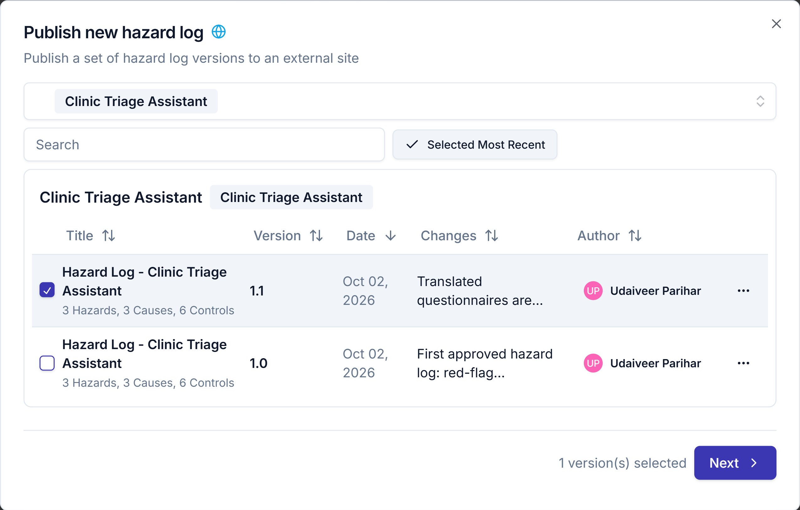 The Publish new hazard log dialog with the Clinic Triage Assistant version table and its latest version ticked