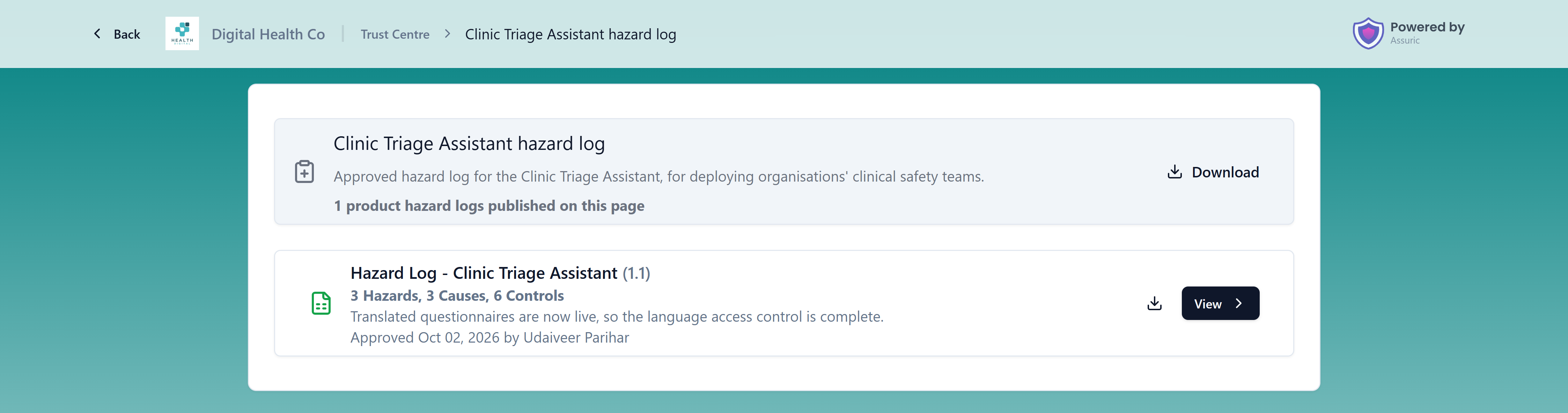 A published hazard log page with its title, description and Download button, and a card for the product version showing counts, summary of changes and approval date