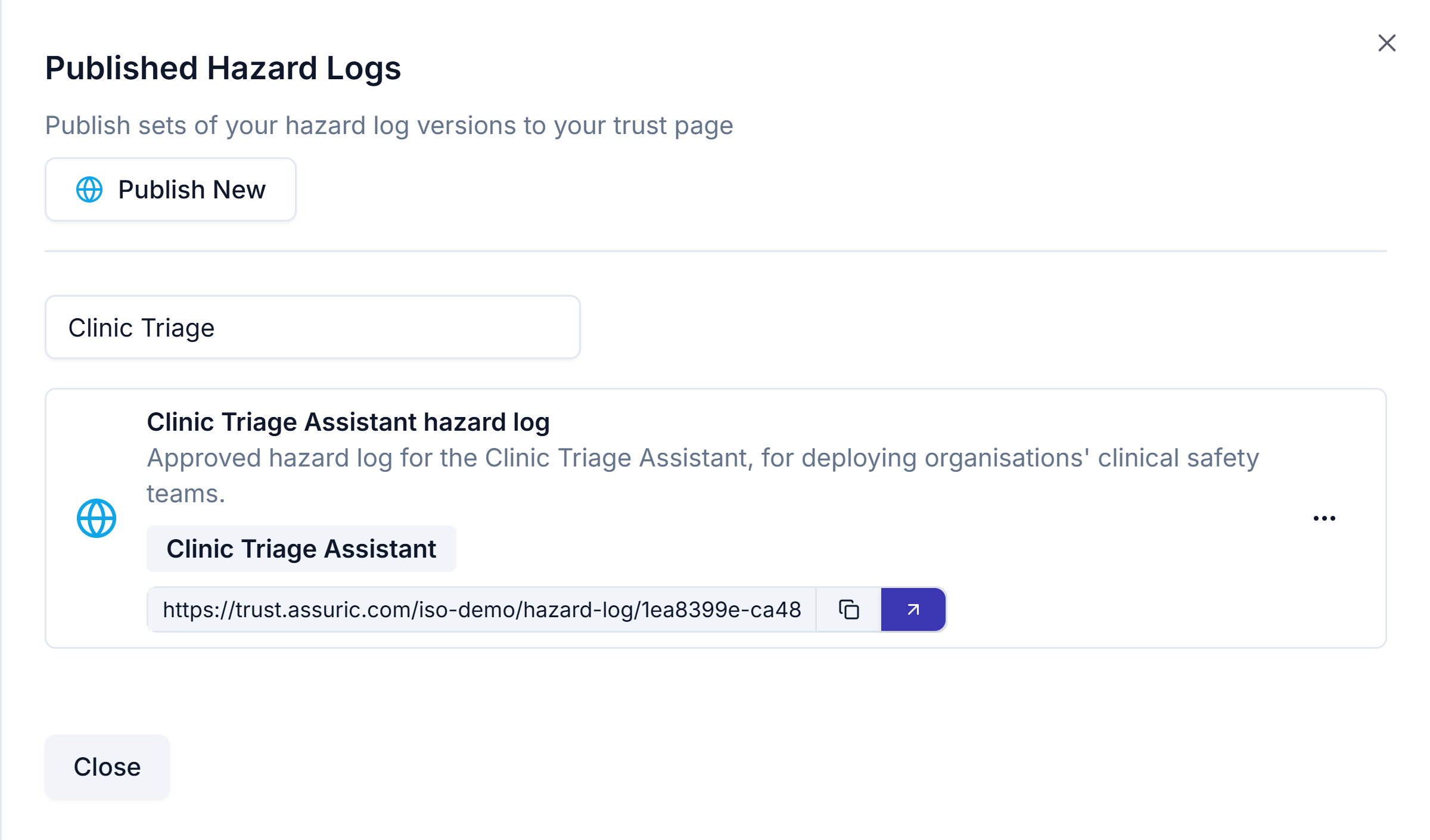 The Published Hazard Logs sheet with a card for each published hazard log, its product badges and public URL