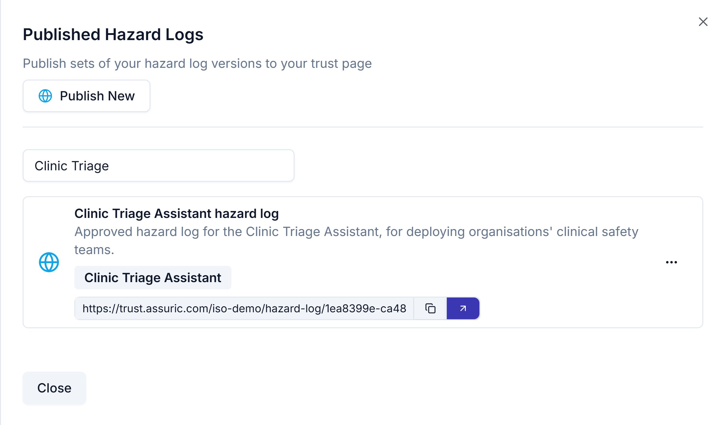 The Published Hazard Logs sheet with a card for each published hazard log, its product badges and public URL
