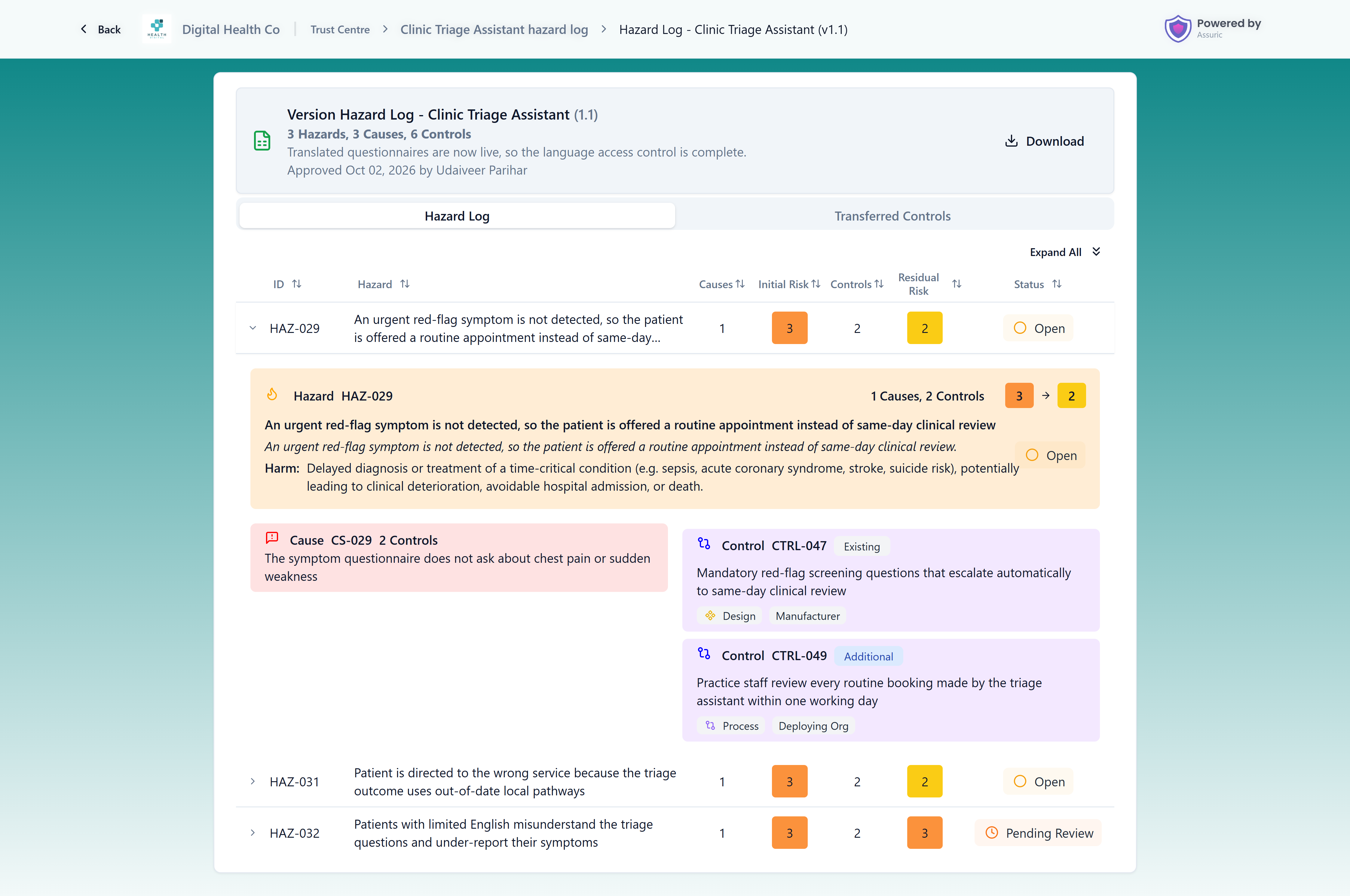 A published product hazard log with the Hazard Log tab open and the first hazard expanded to show its cause and controls