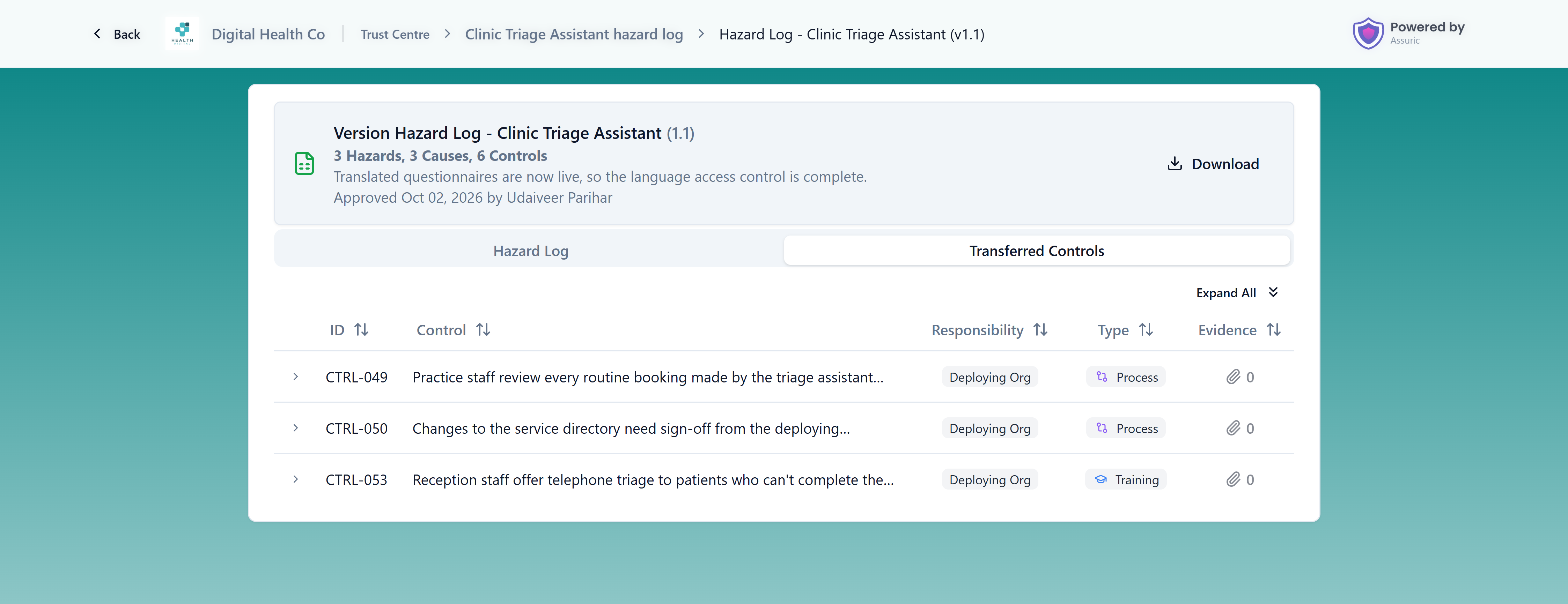 The Transferred Controls tab of a published hazard log showing controls with Deploying Org responsibility, their type and evidence count
