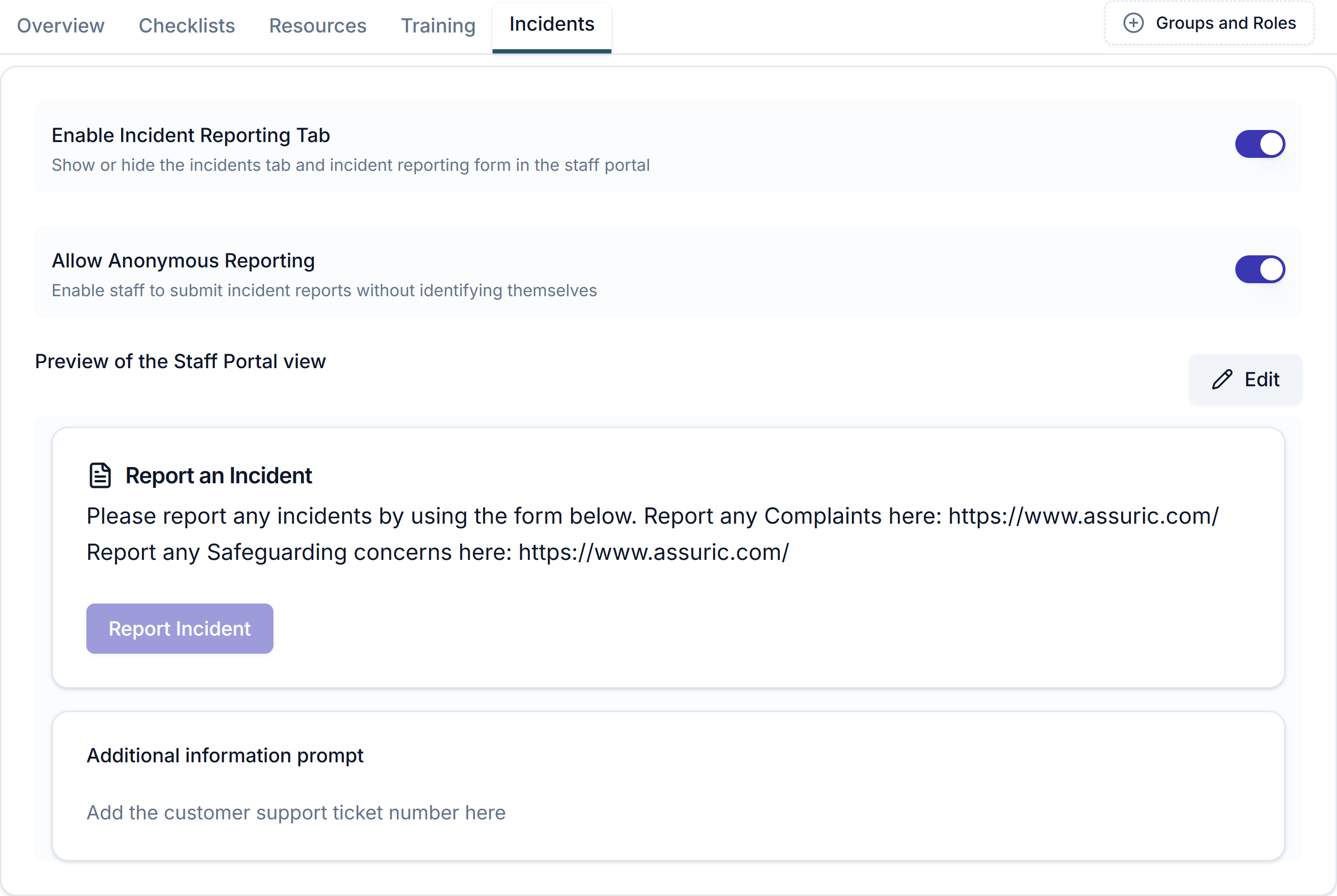 The Staff Portal Incidents tab with Enable Incident Reporting Tab and Allow Anonymous Reporting switched on, and a preview of the Report an Incident panel
