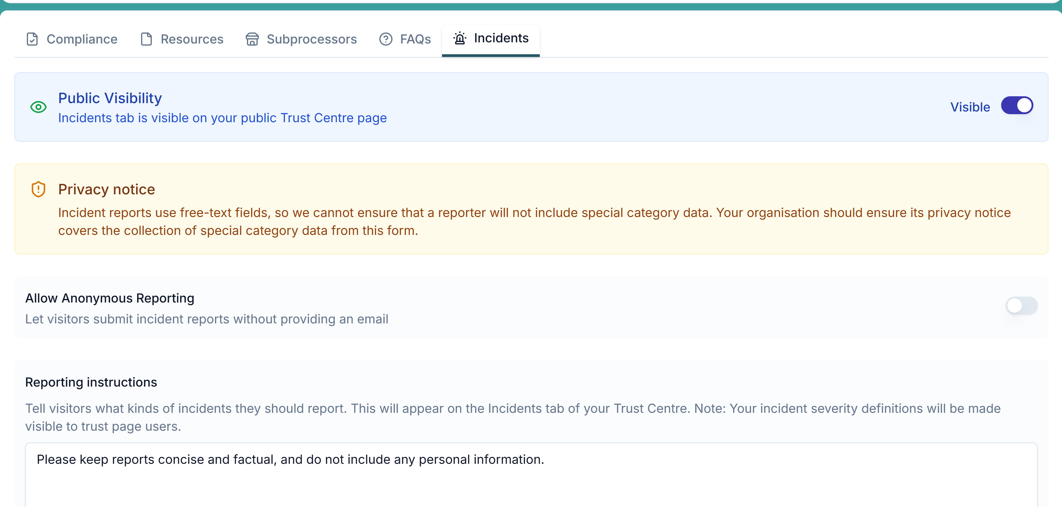 The Trust Centre Incidents settings showing Public Visibility, the privacy notice, Allow Anonymous Reporting and Reporting instructions