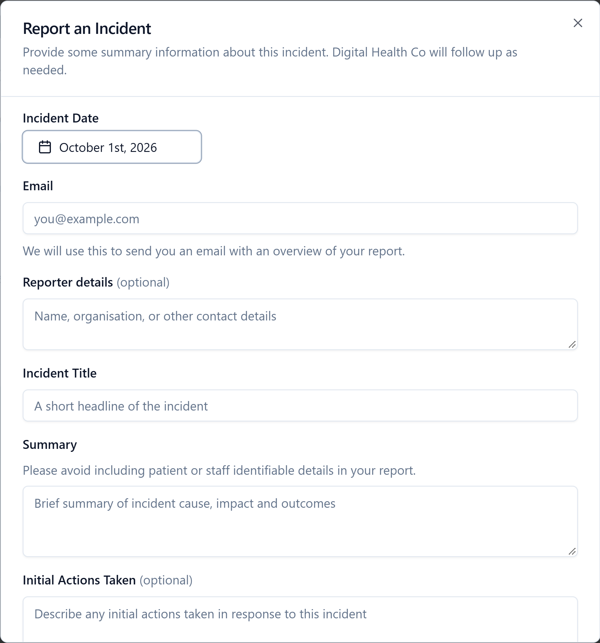 The Report an Incident form with Incident Date, Email, Reporter details, Incident Title, Summary and Initial Actions Taken