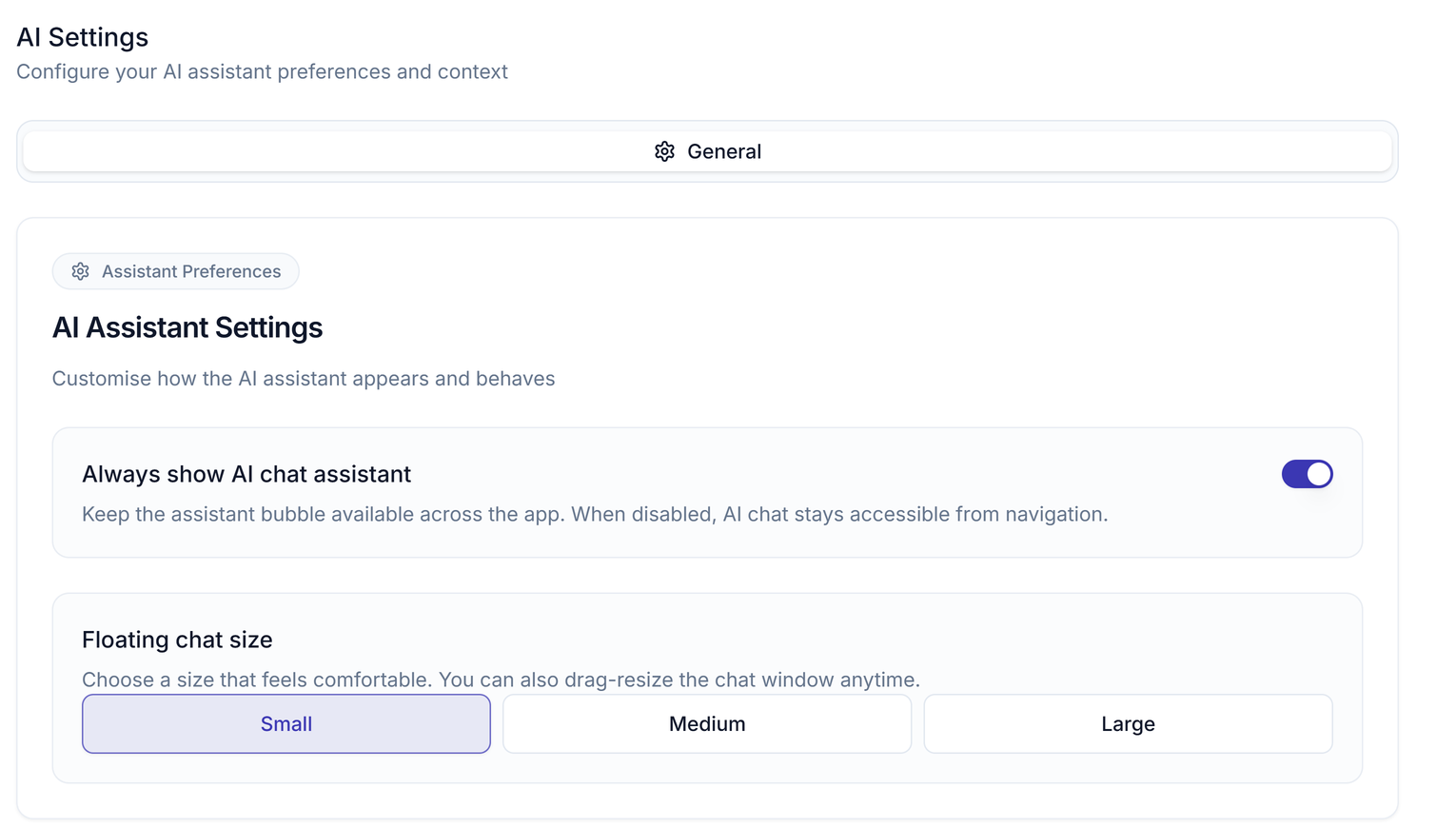 The AI Settings page with Always show AI chat assistant and Floating chat size
