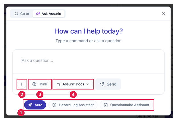 The Ask Assuric window with the mode buttons, the plus button, Think and the source picker numbered