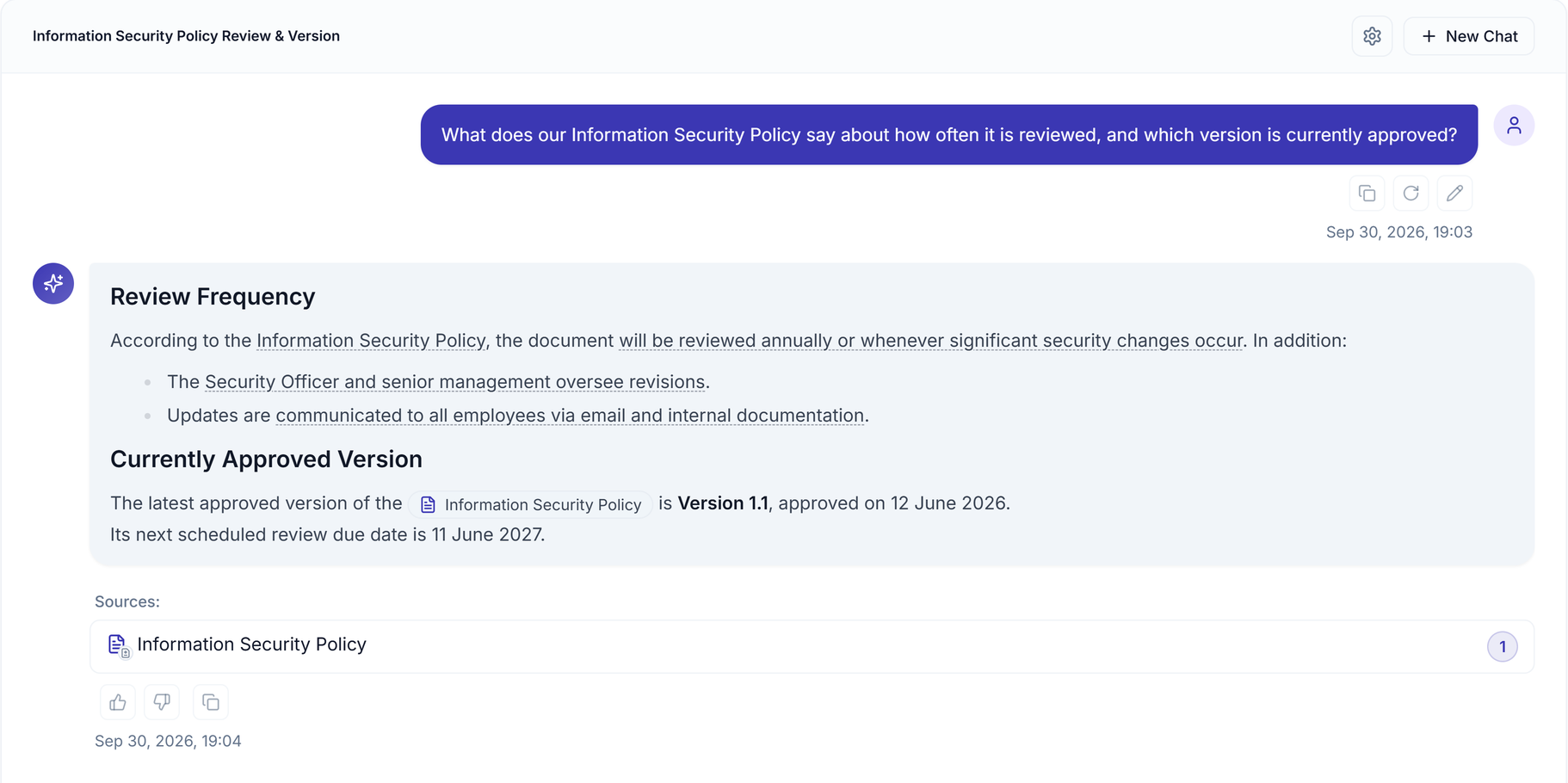 An Auto mode answer about the review frequency and approved version of the Information Security Policy, with the source listed