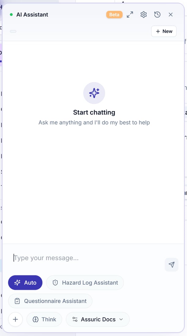 The floating AI Assistant panel with the three mode buttons, Think and the source picker