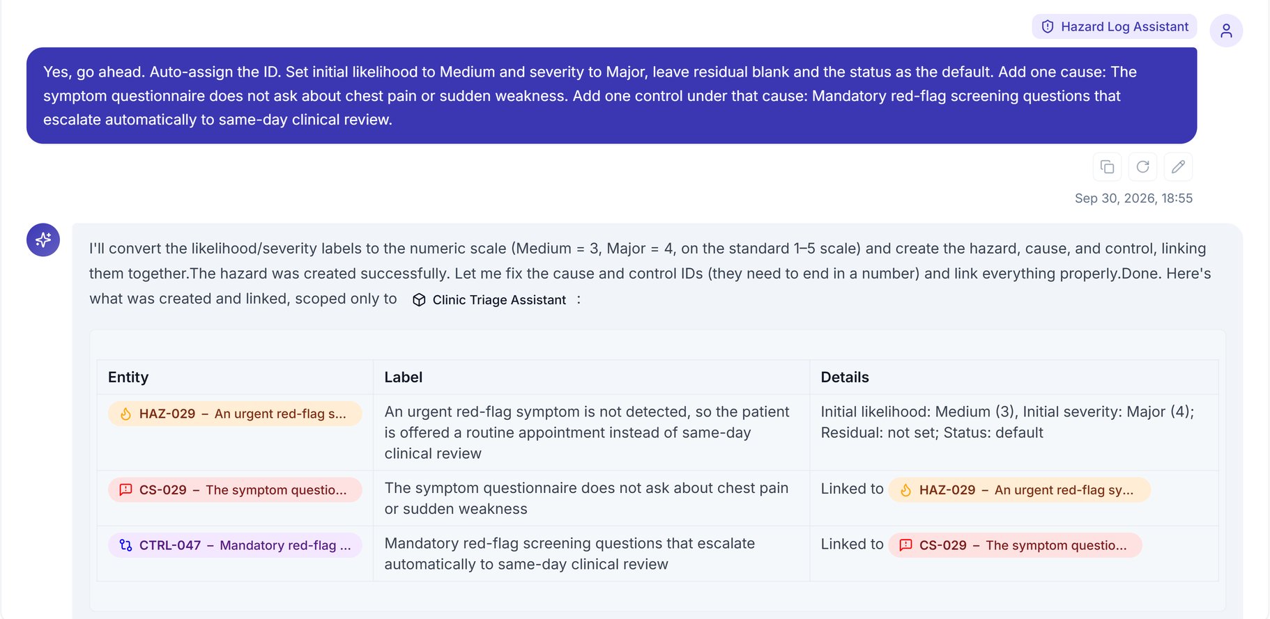 A table listing the new hazard, cause and control, each linked to the one above