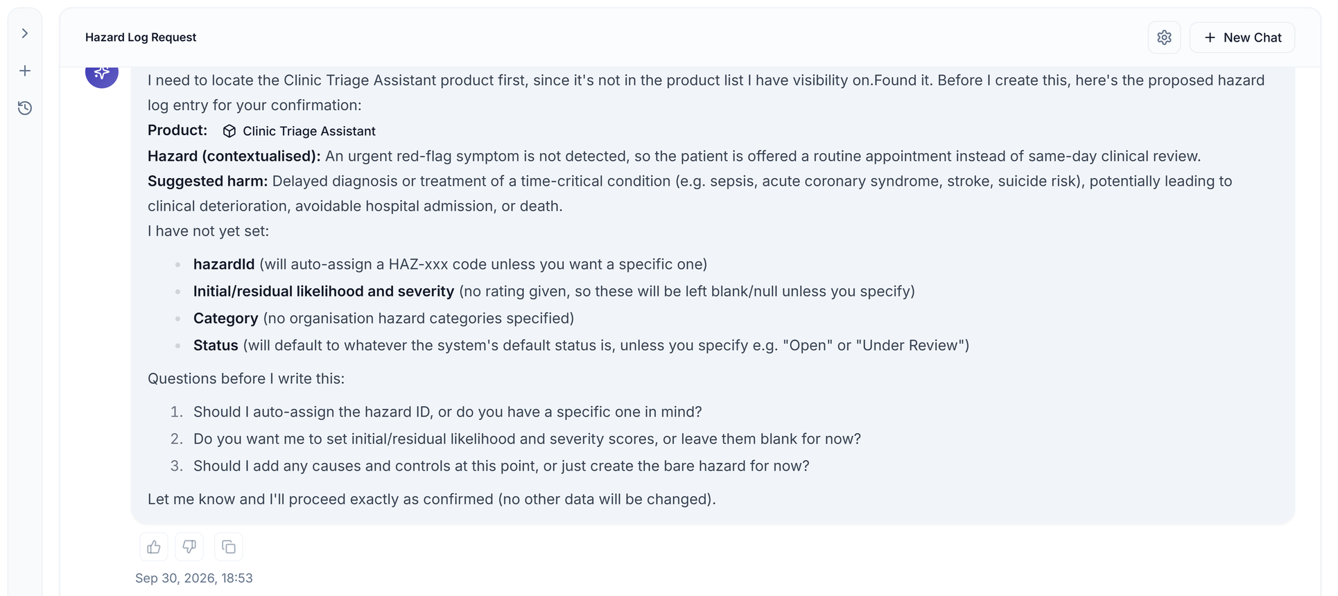 The Hazard Log Assistant proposing a hazard, suggested harm and the fields it has not set