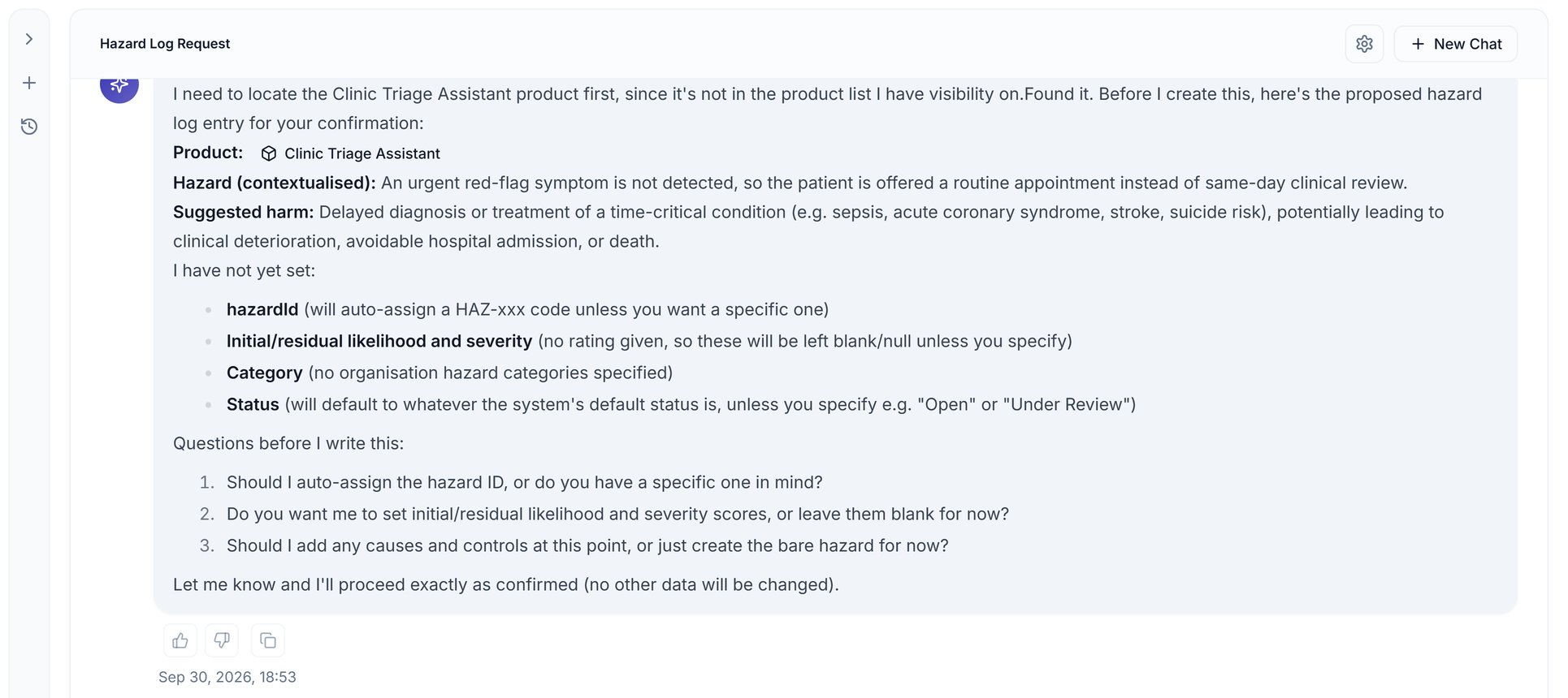 The Hazard Log Assistant proposing a hazard, suggested harm and the fields it has not set
