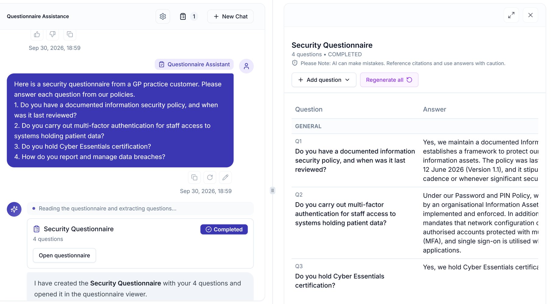 Questionnaire Assistant chat with a completed Security Questionnaire open in the viewer beside it