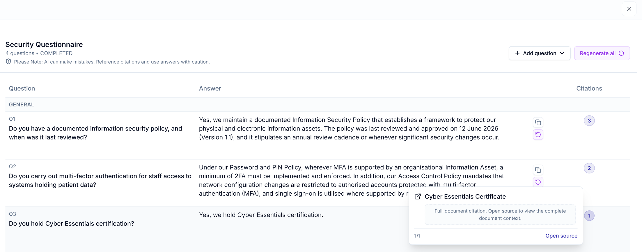 A citation popover naming the Cyber Essentials Certificate with an Open source link