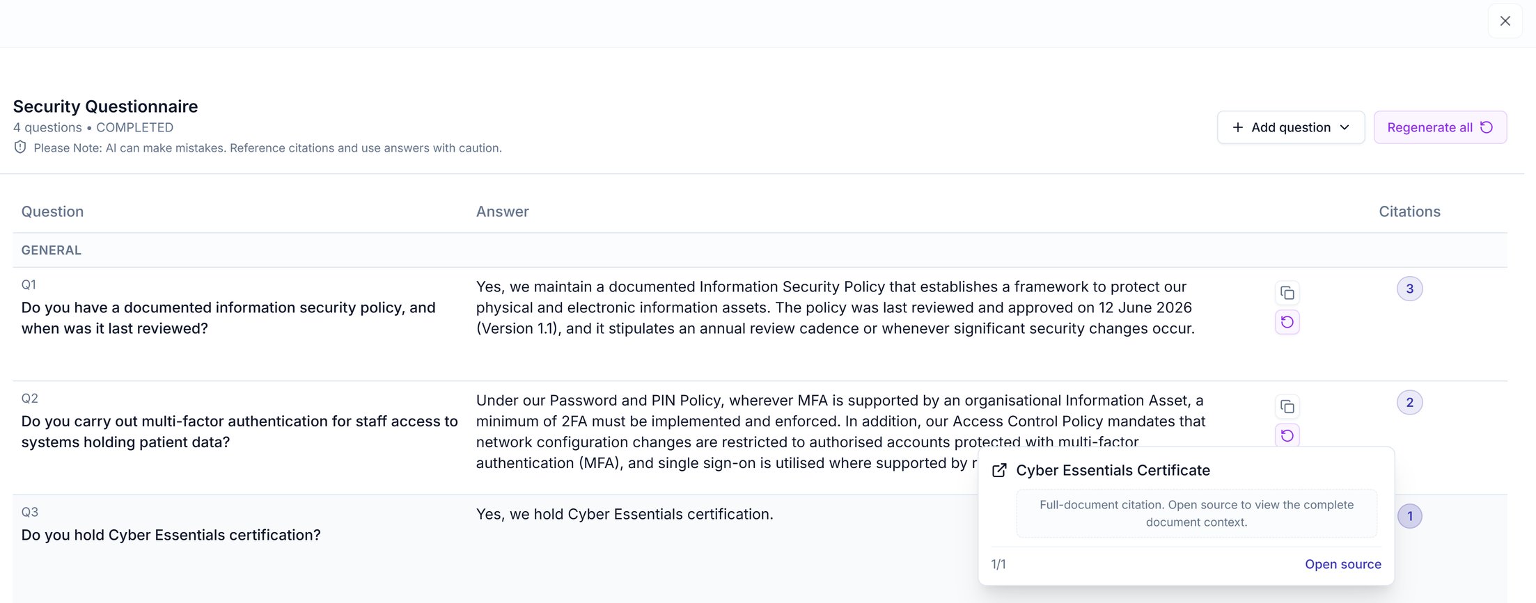 A citation popover naming the Cyber Essentials Certificate with an Open source link