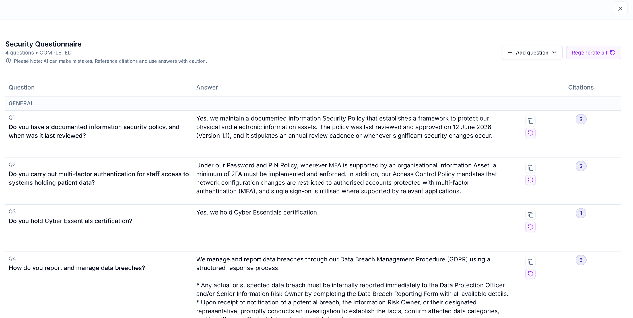 The Security Questionnaire viewer with four questions, their answers and a citation count for each