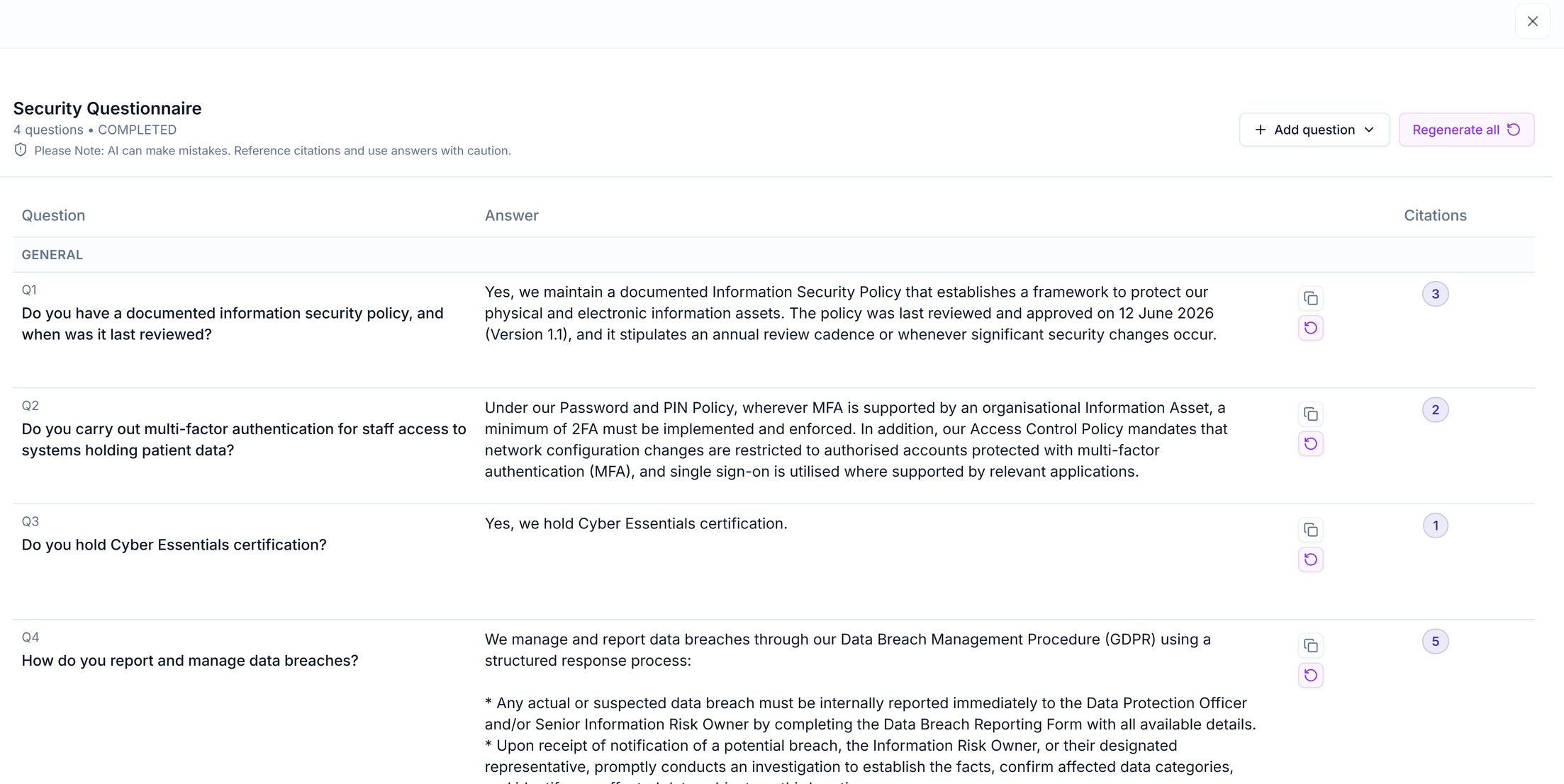 The Security Questionnaire viewer with four questions, their answers and a citation count for each