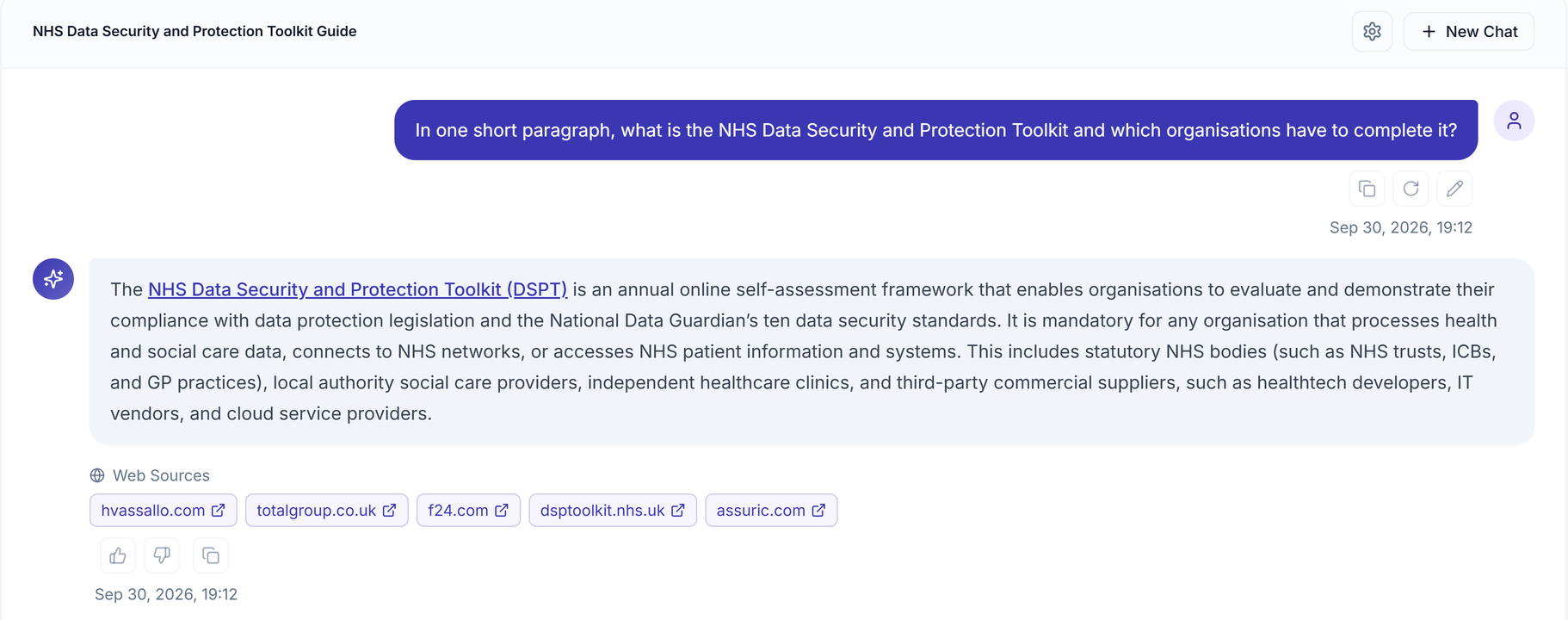 A web answer about the NHS Data Security and Protection Toolkit with five web sources listed below it