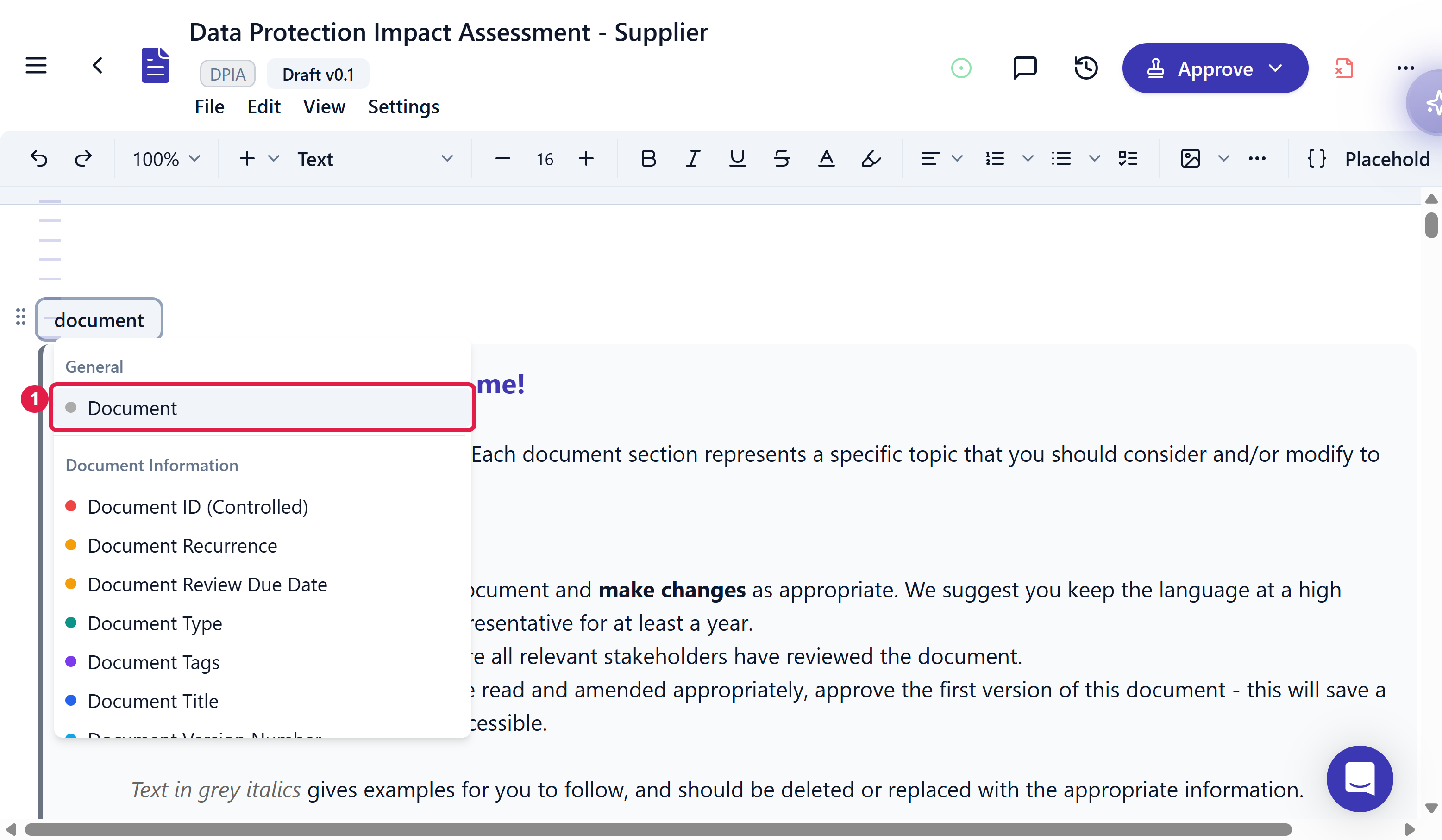 The @ menu filtered to "document", with the Document option under General highlighted