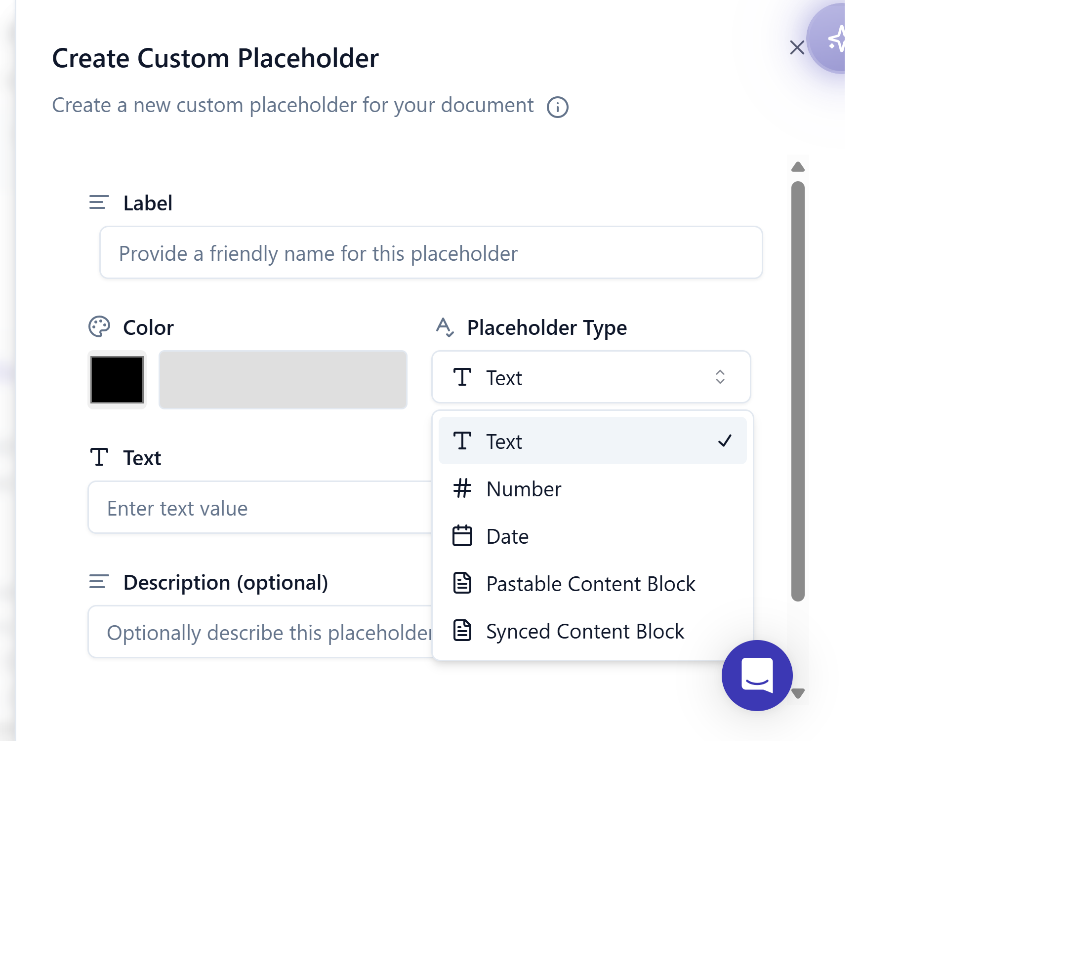 The Create Custom Placeholder dialog with the Placeholder Type dropdown open