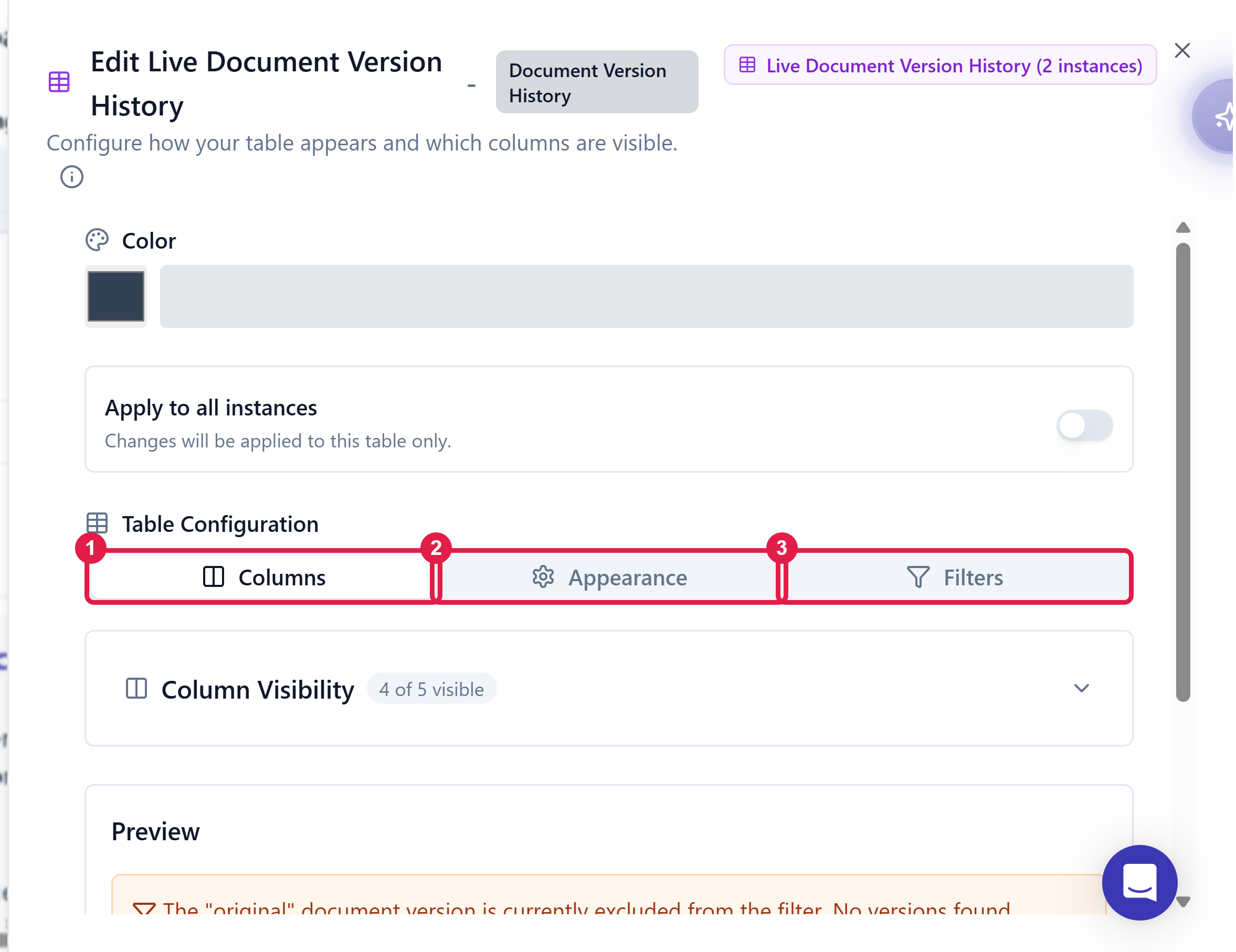 The Edit Live Document Version History panel with the Columns, Appearance and Filters tabs highlighted