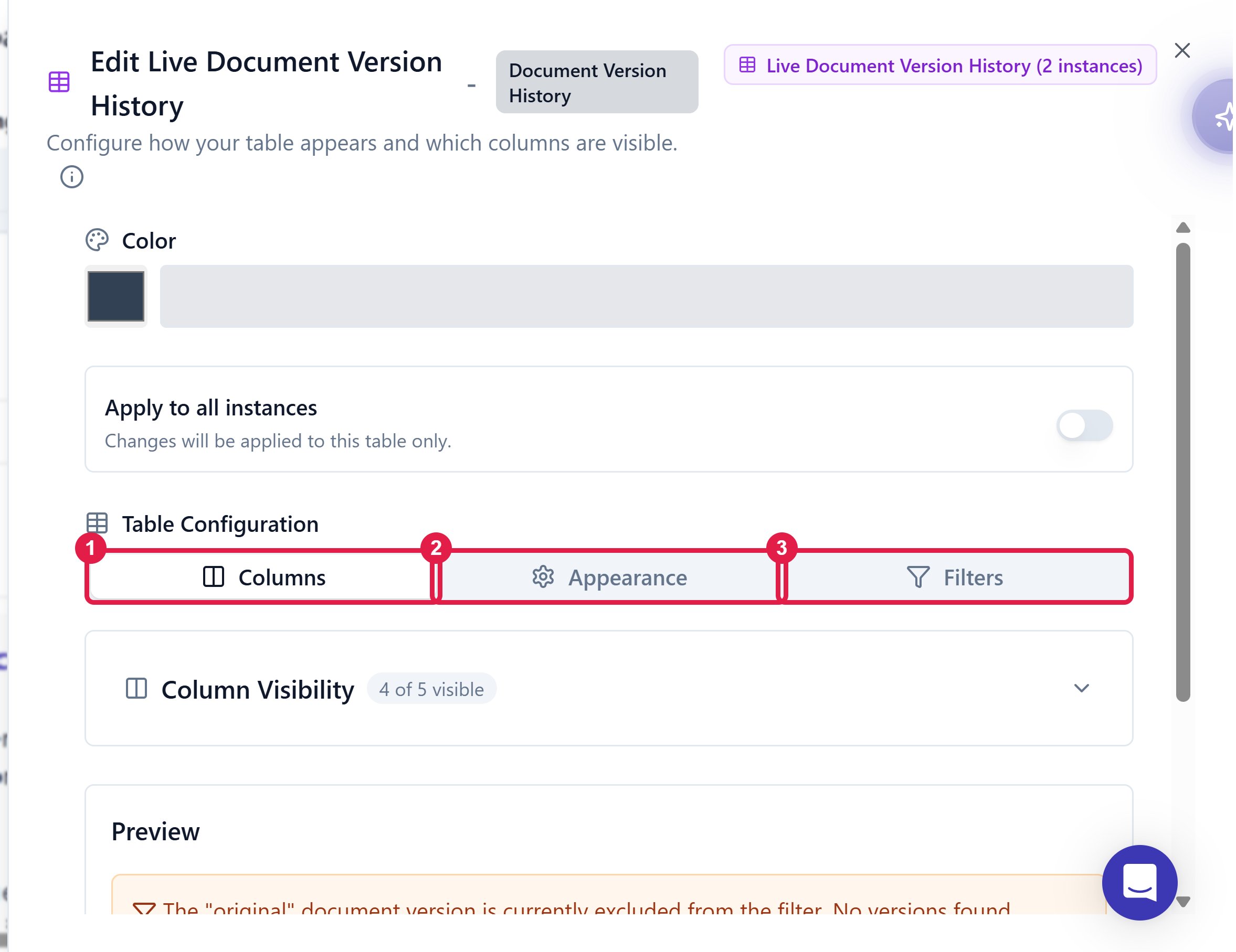 The Edit Live Document Version History panel with the Columns, Appearance and Filters tabs highlighted