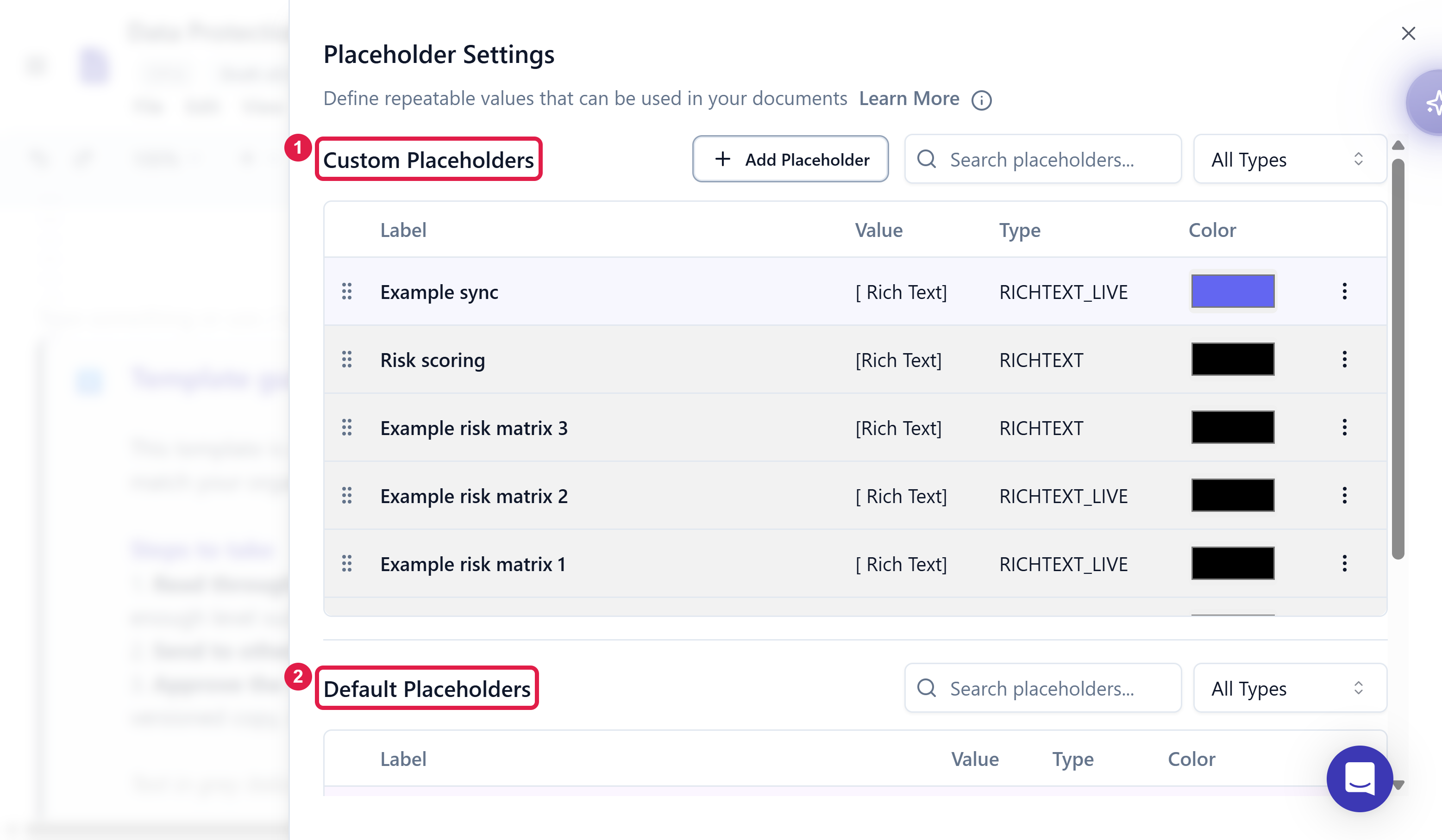 The Placeholder Settings panel with the Custom Placeholders and Default Placeholders sections highlighted