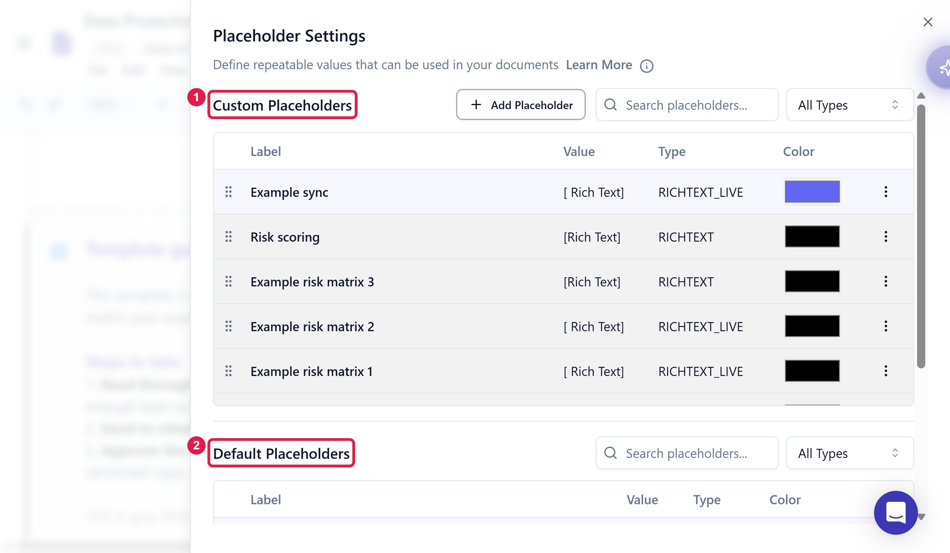 The Placeholder Settings panel with the Custom Placeholders and Default Placeholders sections highlighted
