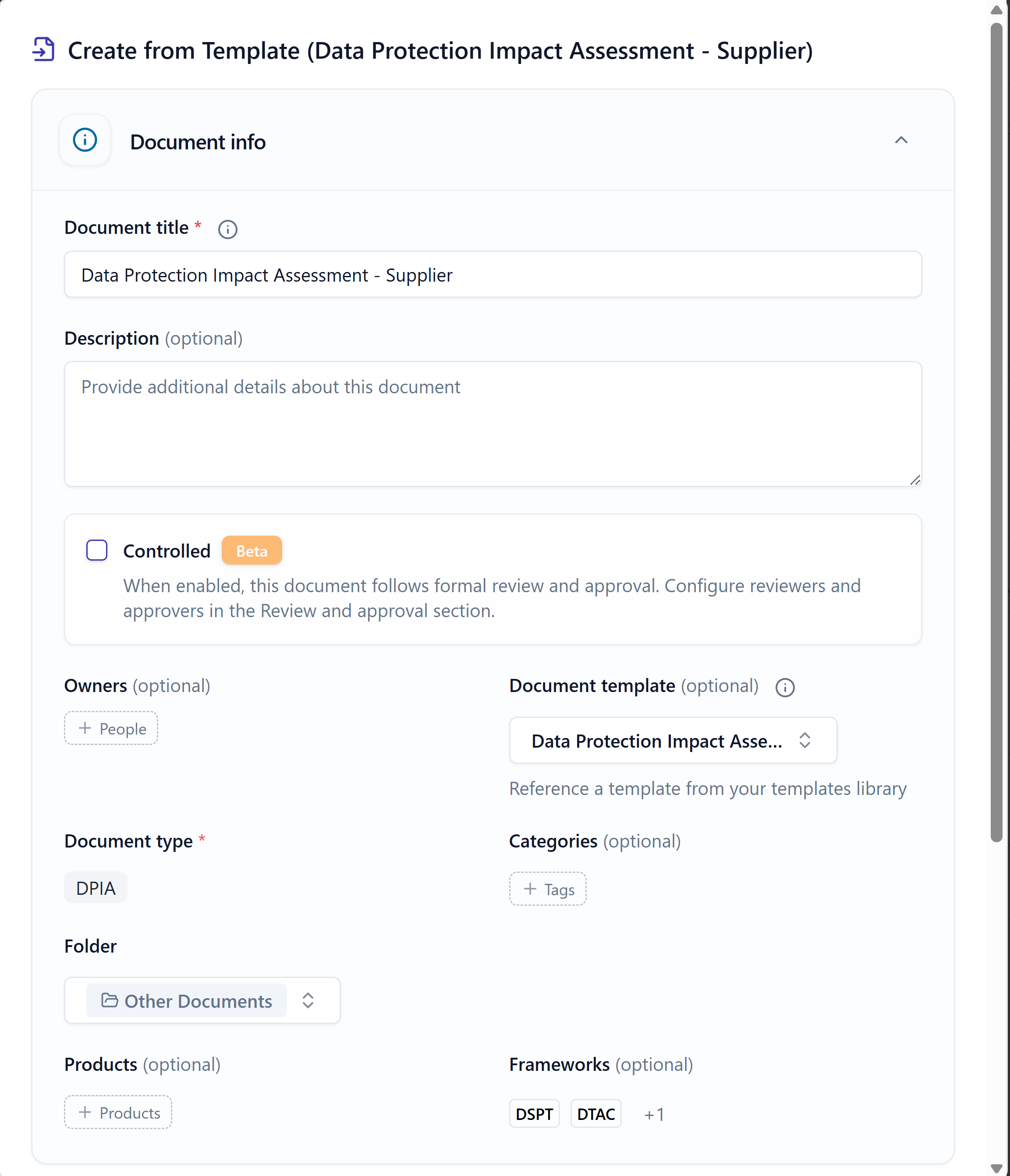 The Create from Template dialog showing document title, description, controlled toggle, owners, document type, categories, folder, products and frameworks fields