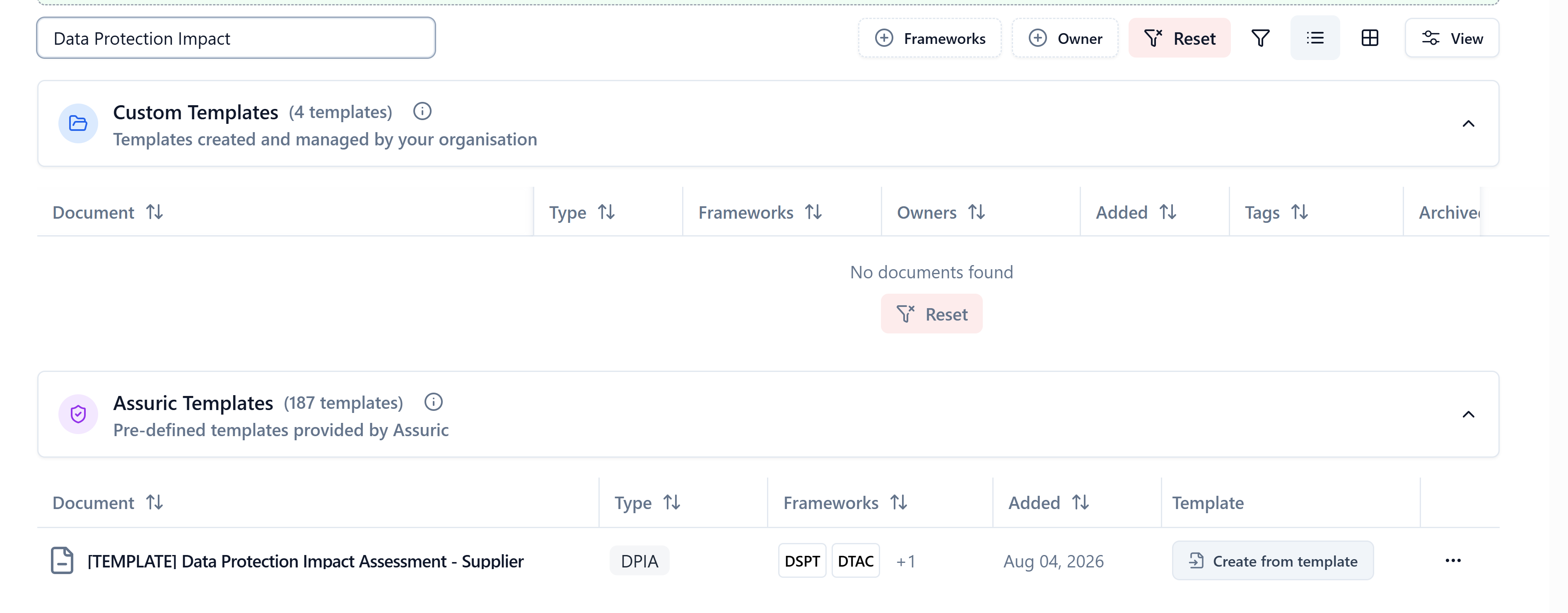 The Documents Templates tab showing the search box and the matching DPIA template row under Assuric Templates
