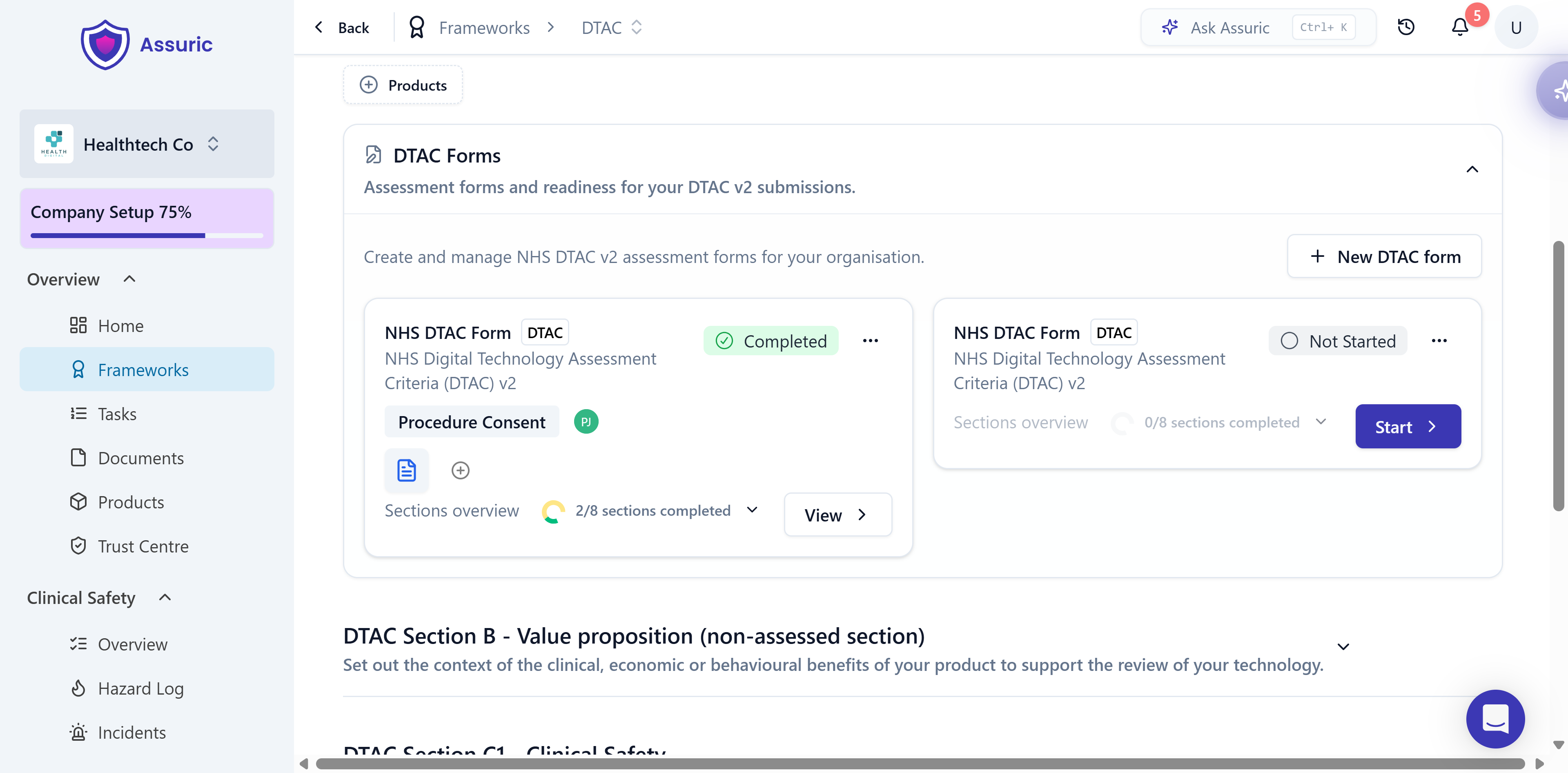 The DTAC framework page showing its sections and progress