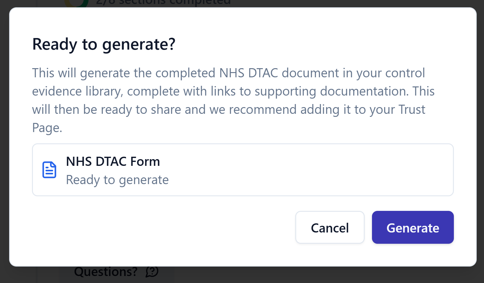 The Ready to generate dialog explaining that generating creates the completed NHS DTAC document in the control evidence library