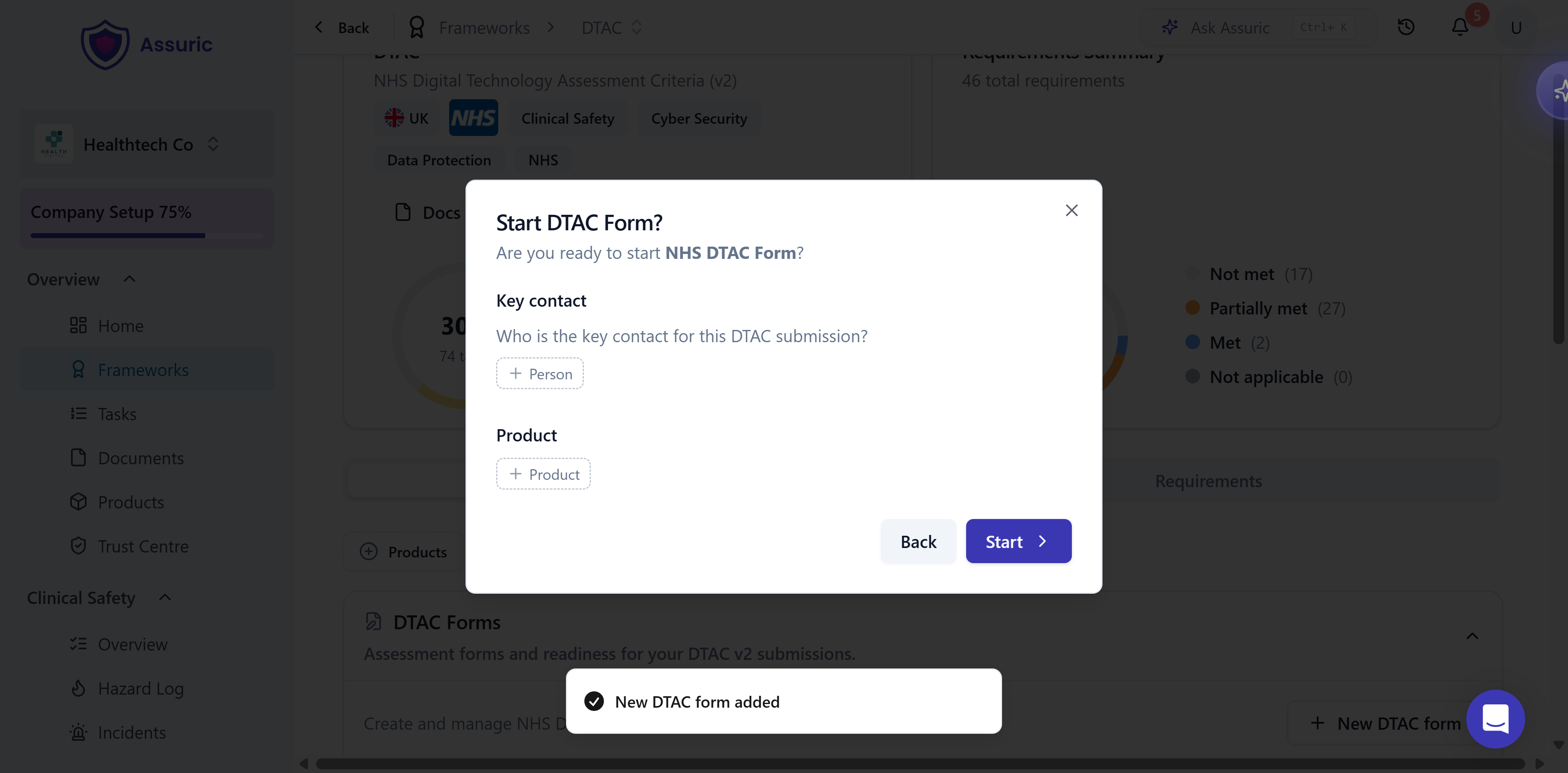The Start DTAC Form dialog with Key contact and Product fields, both empty