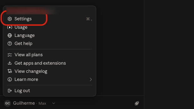 Menu do perfil do Claude com a opção Settings destacada