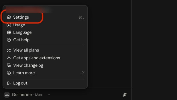 Menu do perfil do Claude com a opção Settings destacada