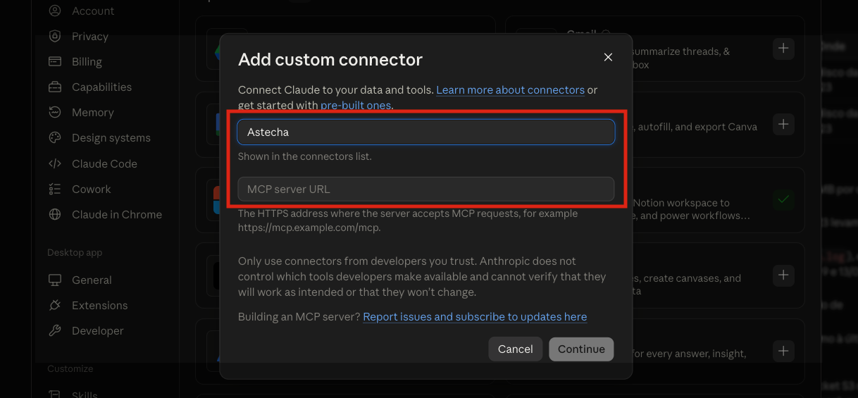 Janela Add custom connector com os campos de nome e MCP server URL destacados