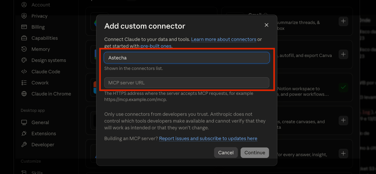 Janela Add custom connector com os campos de nome e MCP server URL destacados
