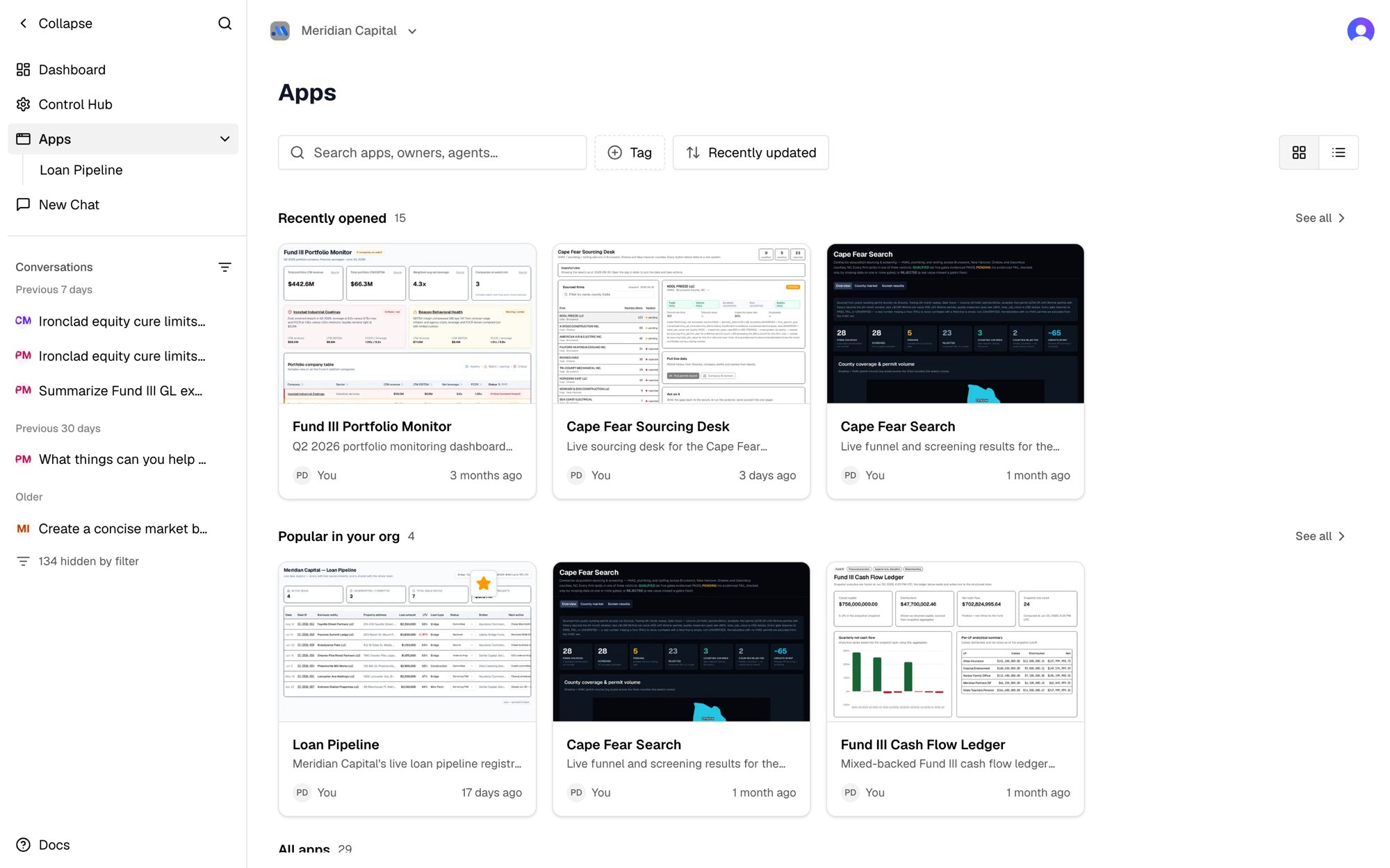 The Apps page: recently opened, popular, and all apps