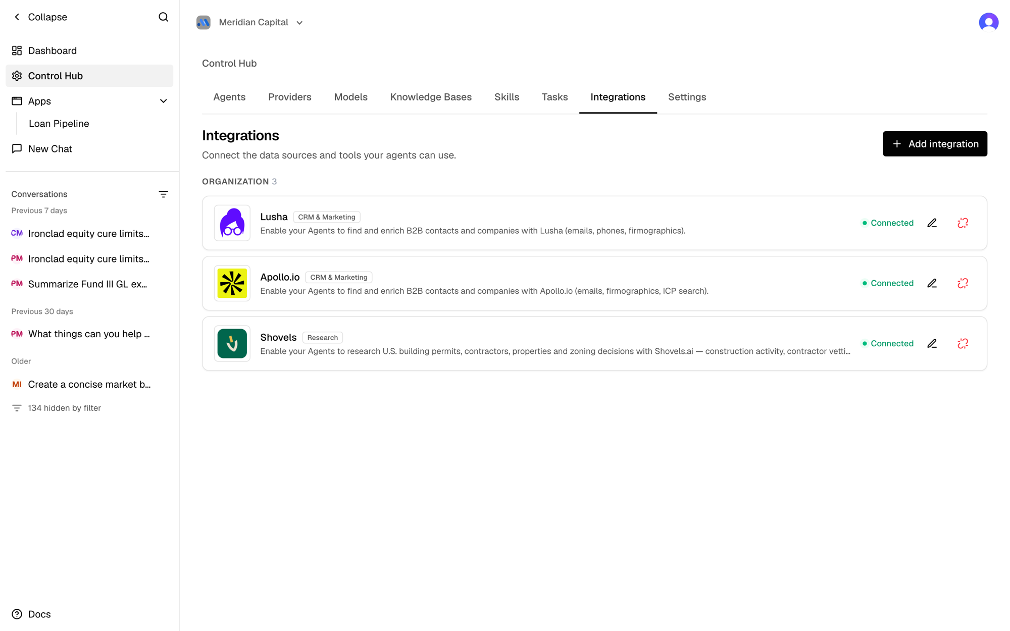 Connected integrations in the Control Hub