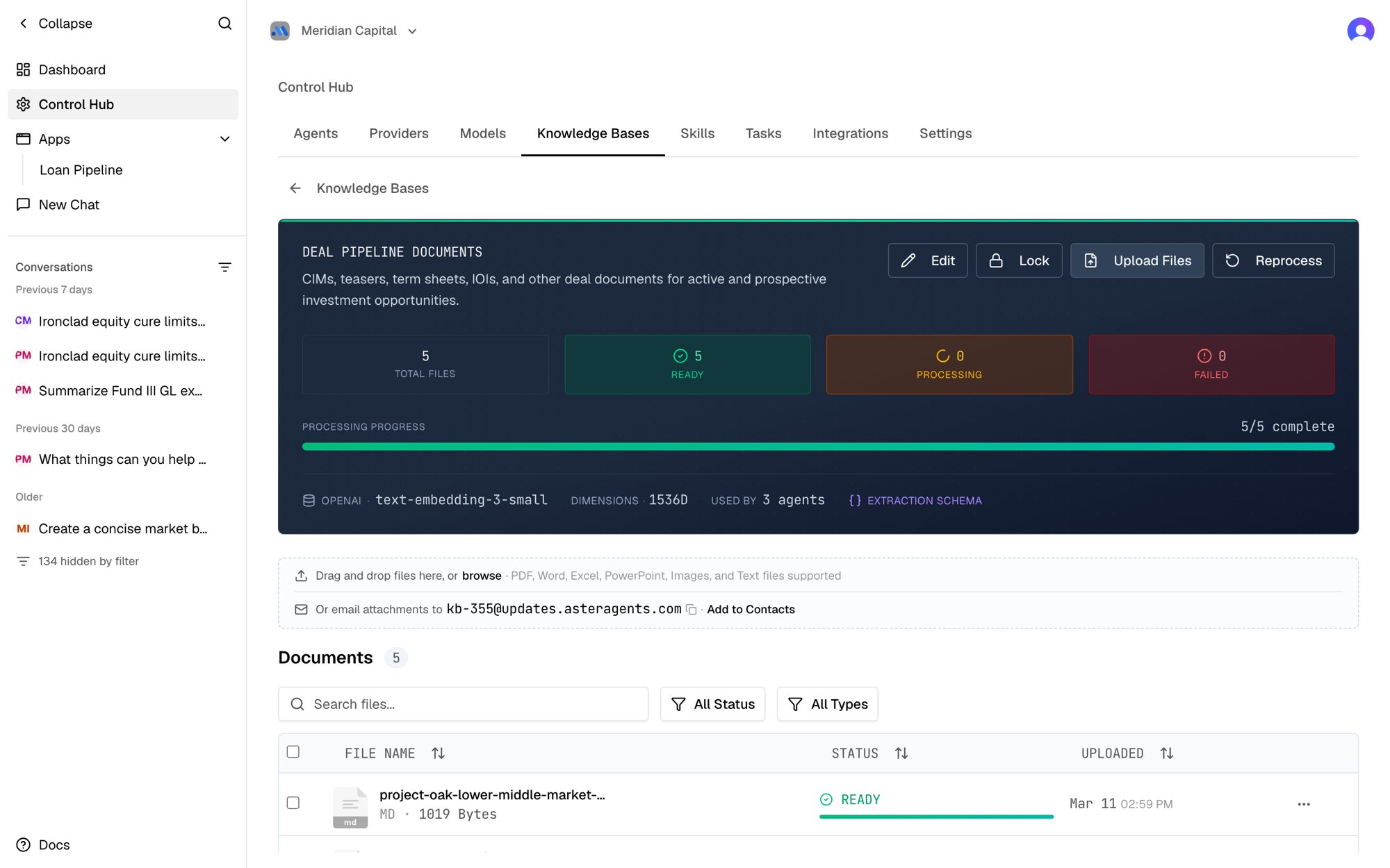 A knowledge base with its documents and processing status