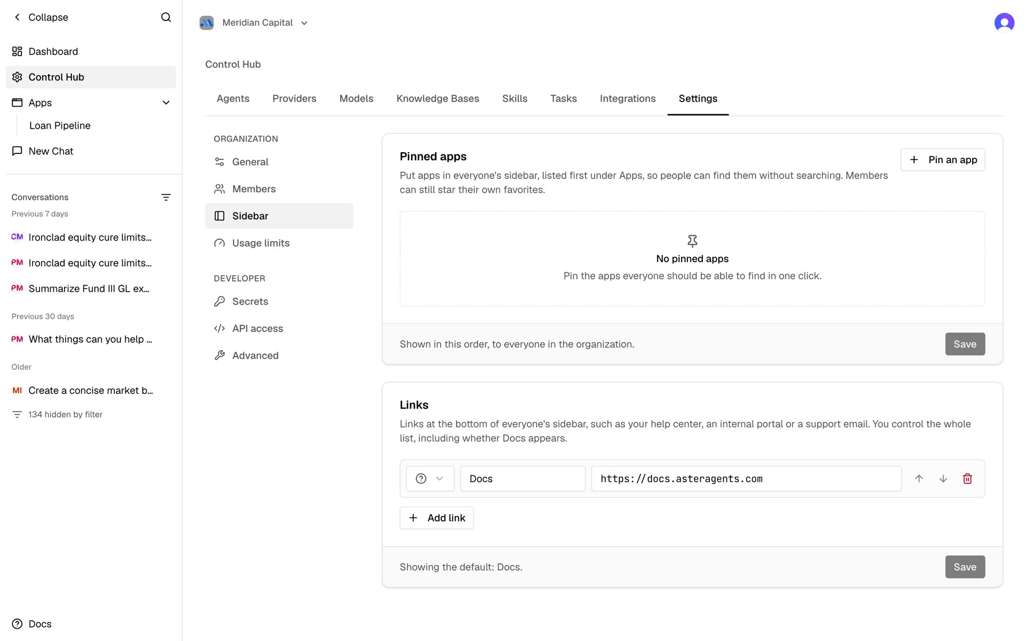 Settings → Sidebar: pinned apps and links