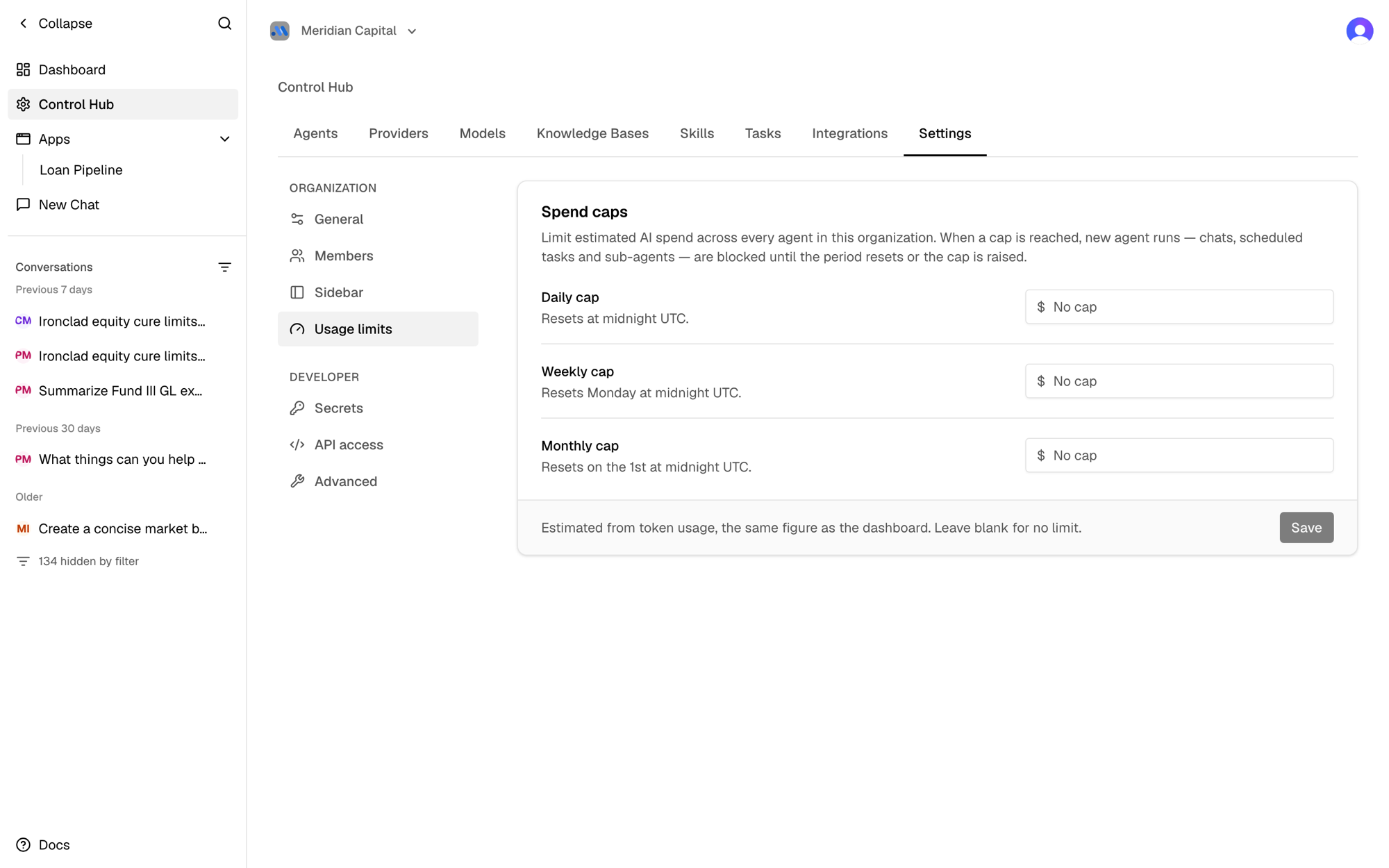 Settings → Usage limits: daily, weekly, and monthly spend caps