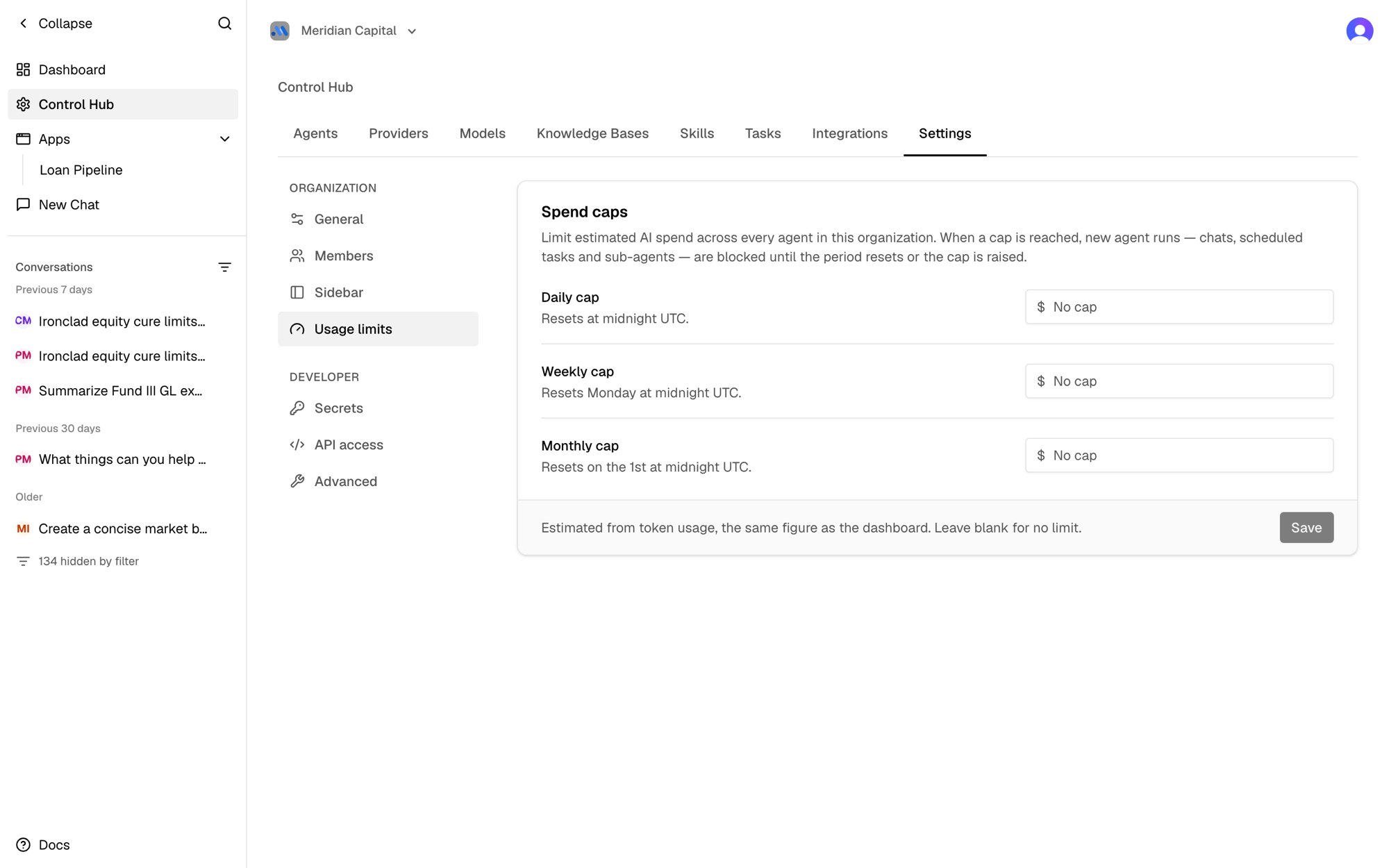 Settings → Usage limits: daily, weekly, and monthly spend caps