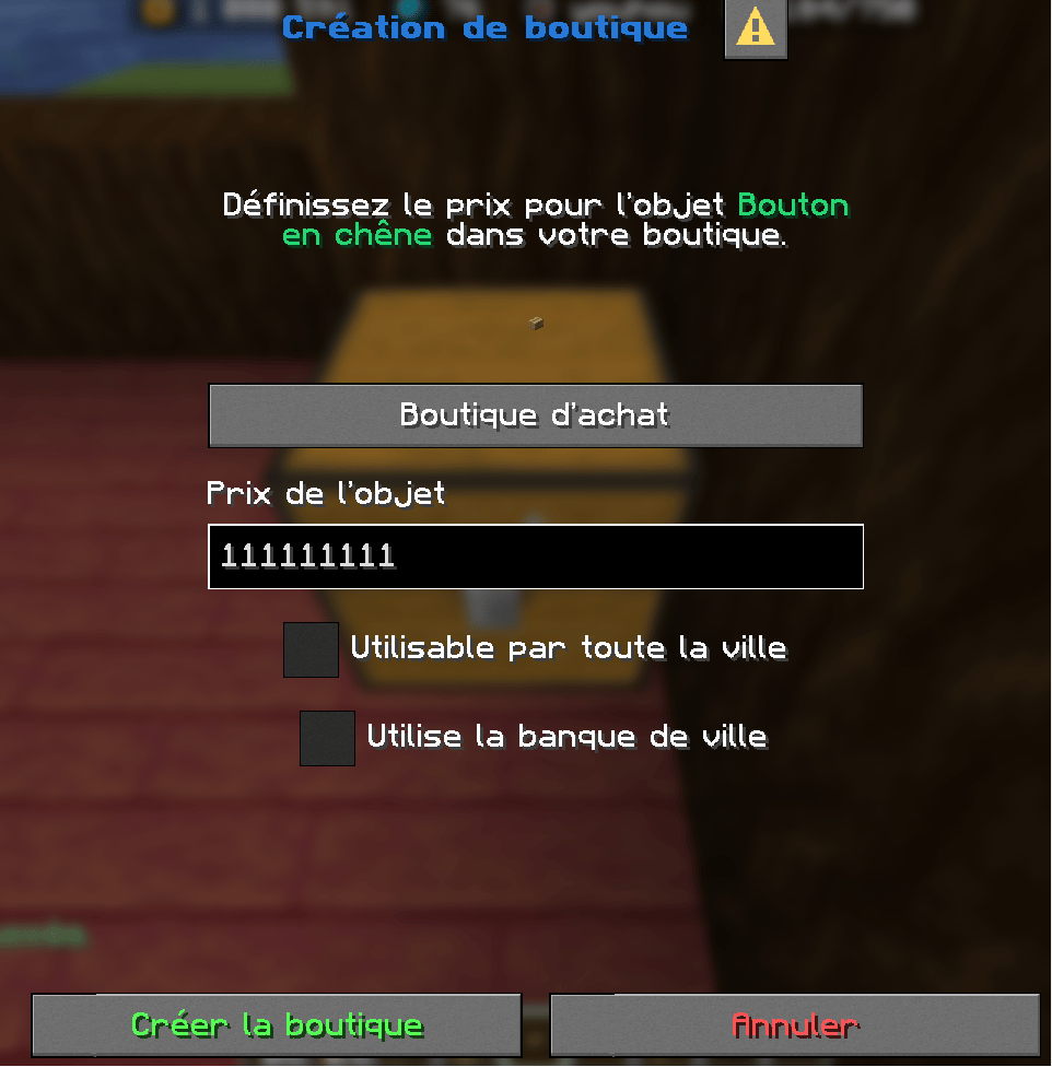 Menu de création d'un shop
