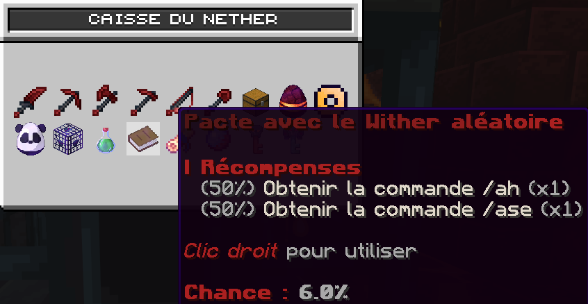 Interface de la caisse du nether montrant le pacte avec le Wither aléatoire 