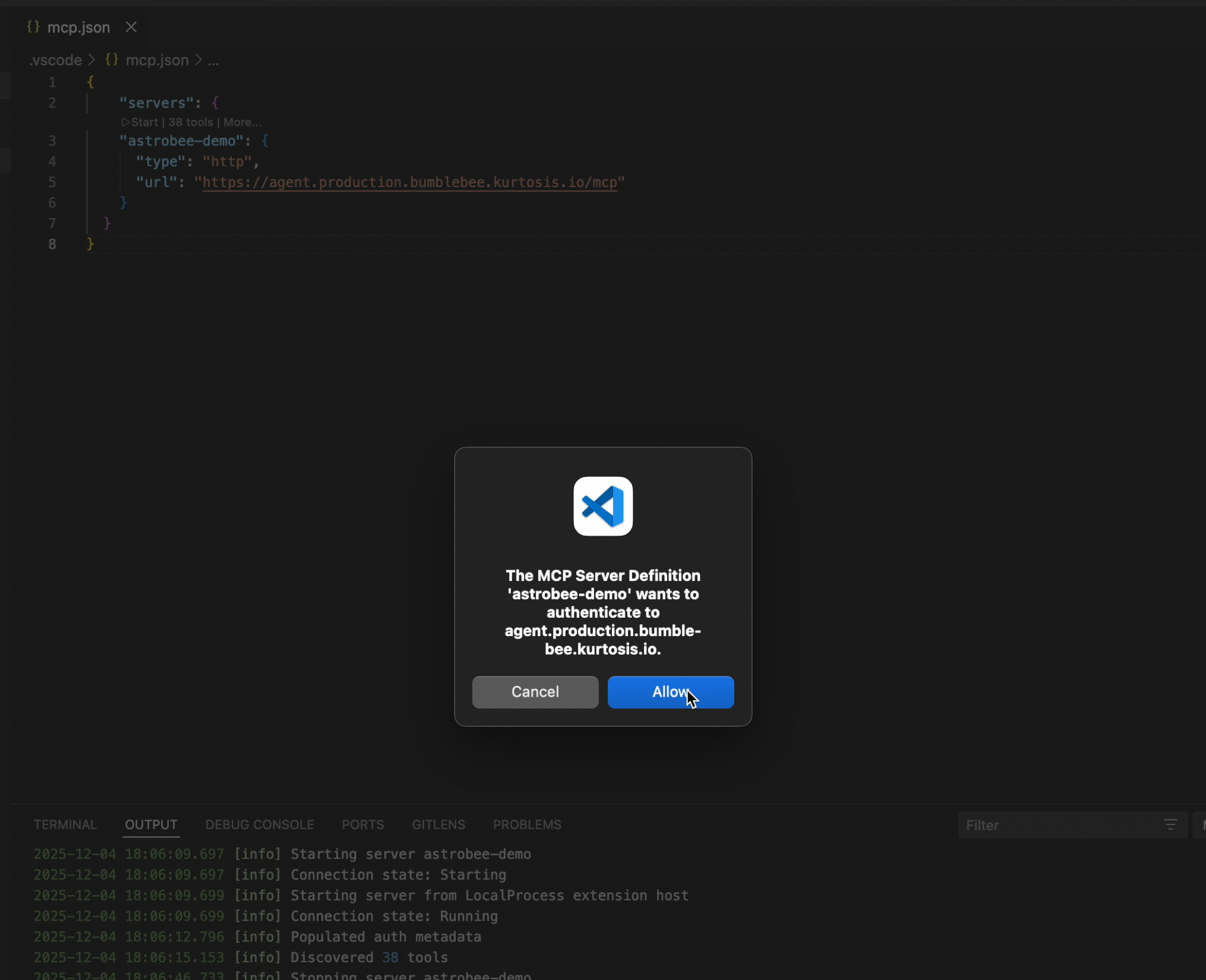 VS Code authentication prompt asking to allow connection to the MCP server