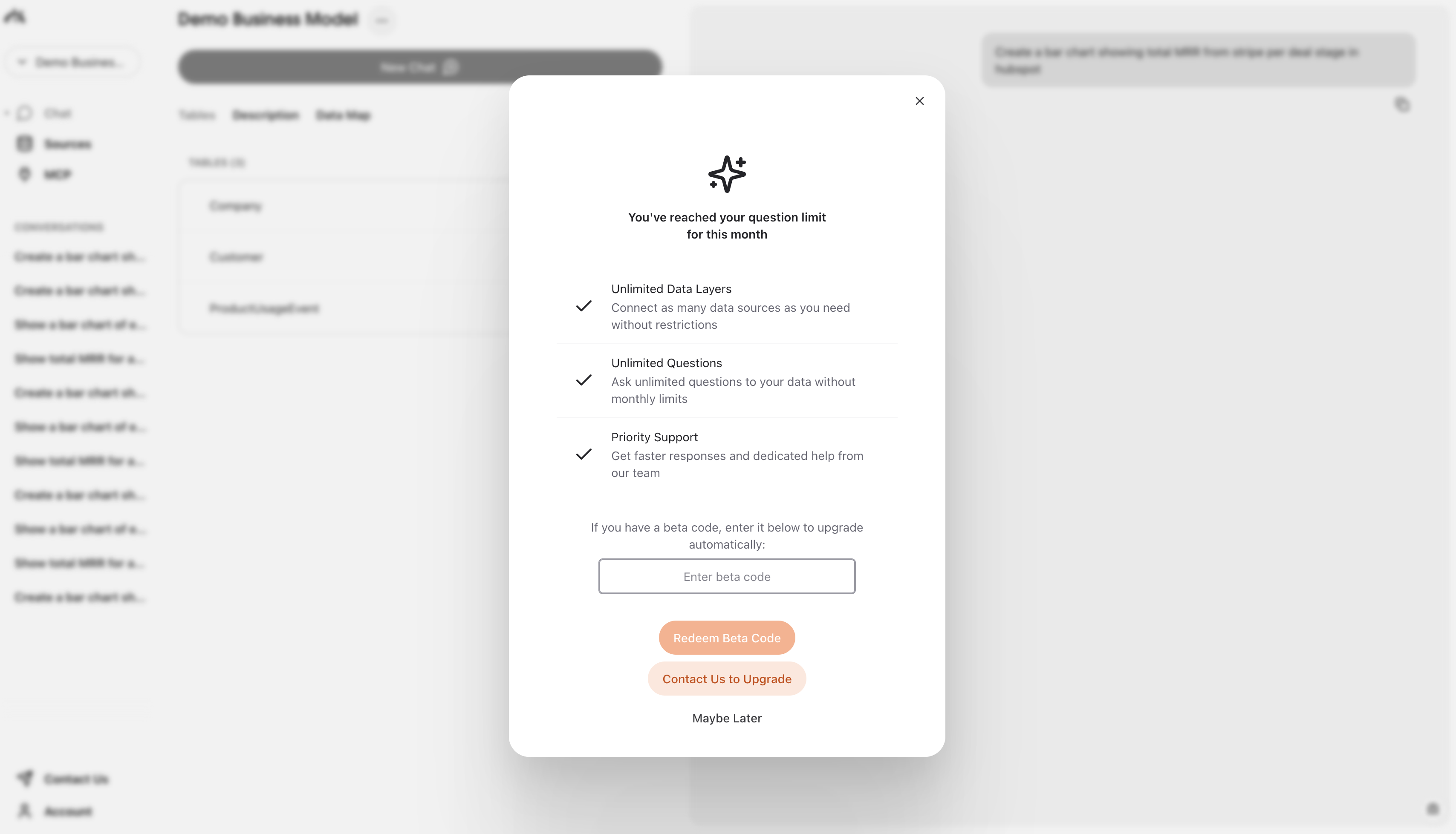 Upgrade modal showing Pro plan benefits