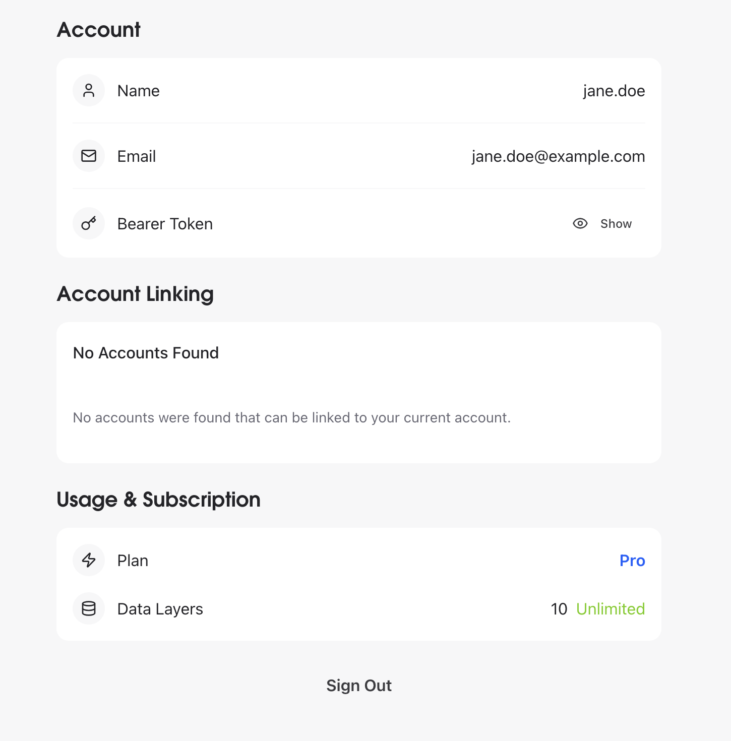 Account page showing Pro plan with unlimited data layers